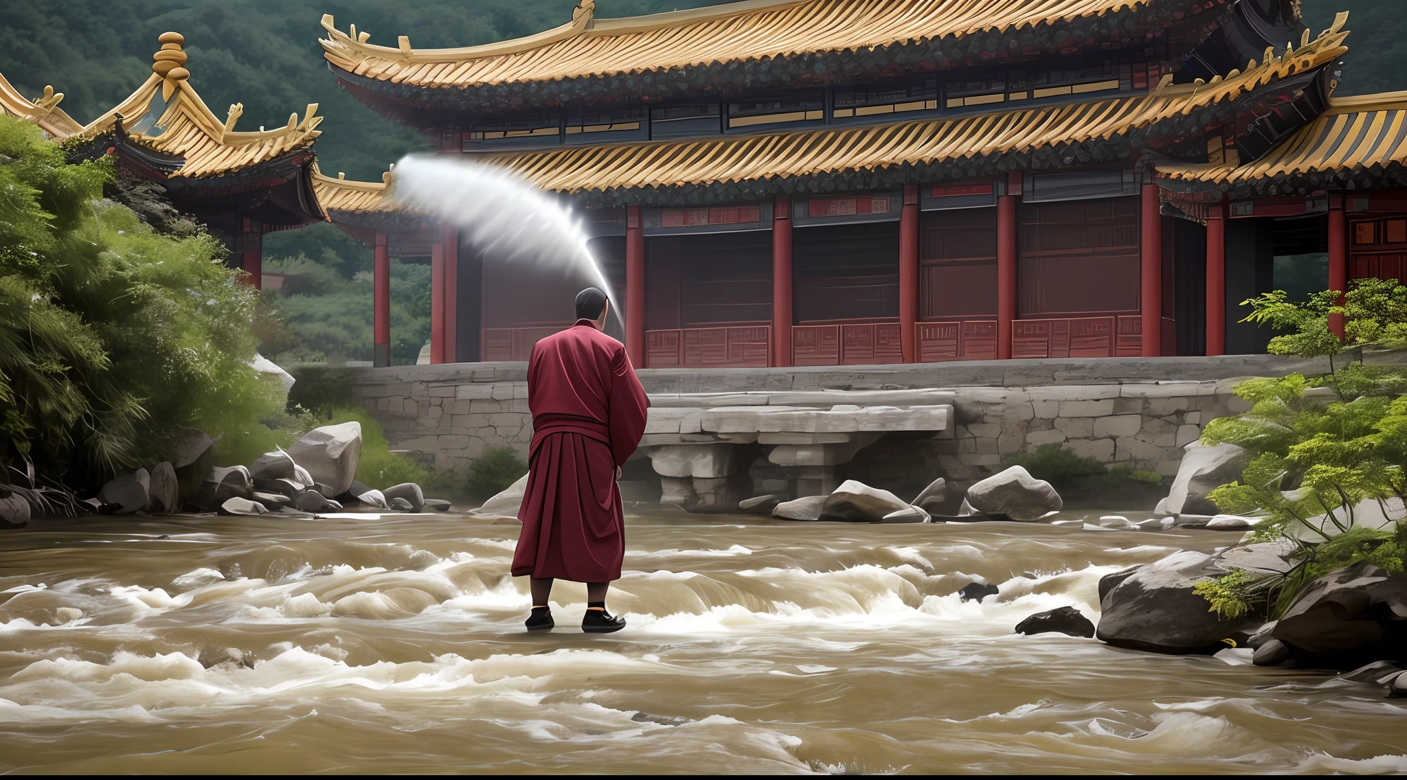 High quality masterpiece and ultra realistic a 75-year-old Chinese male monk in an ancient Chinese monastery feeling pain as he is spray-painted by a scorpion in a river --auto