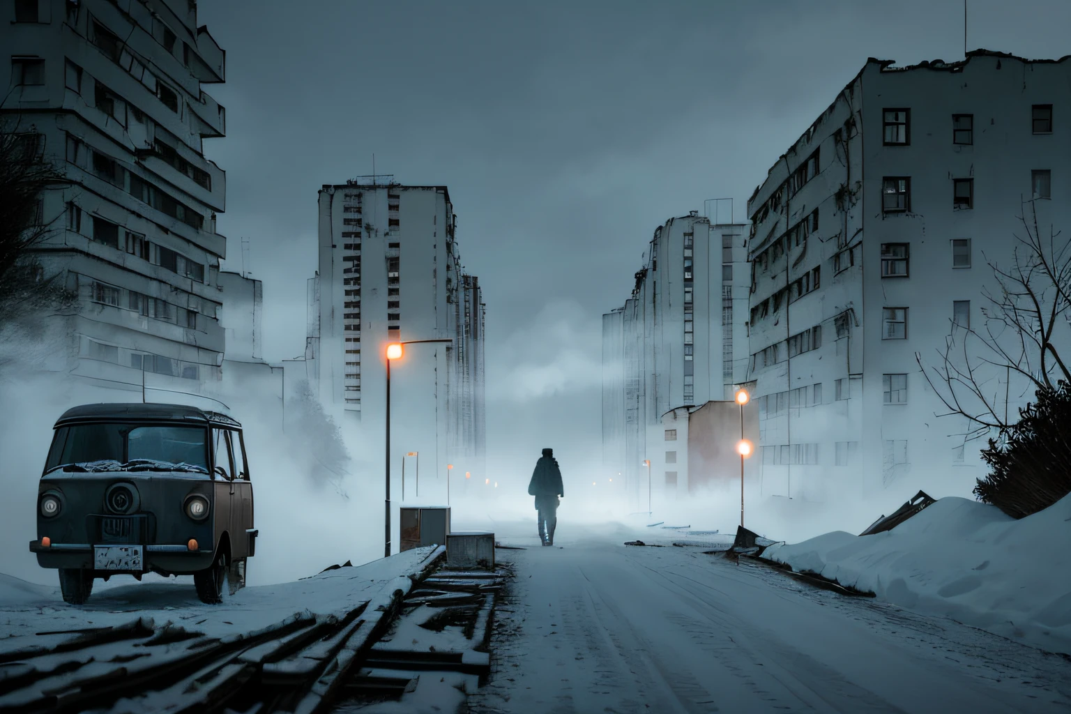 analog gloomy (close up shot) photo of a (beige UAZ-452), ((parked in an abandoned soviet city (at midnight))), ((decayed soviet style apartment buildings in the background)), ((snow)), (horror movie), ((nighttime)), (midnight), ruins, claustrophobic, High Detail, Sharp focus, ((photorealism)), ((realistic)), best quality, 8k, award winning, dramatic lighting, epic, cinematic, masterpiece, backlit, contrejour, rim light, ambient fog:1.4, dutch angle, depth of field, volumetric lights,