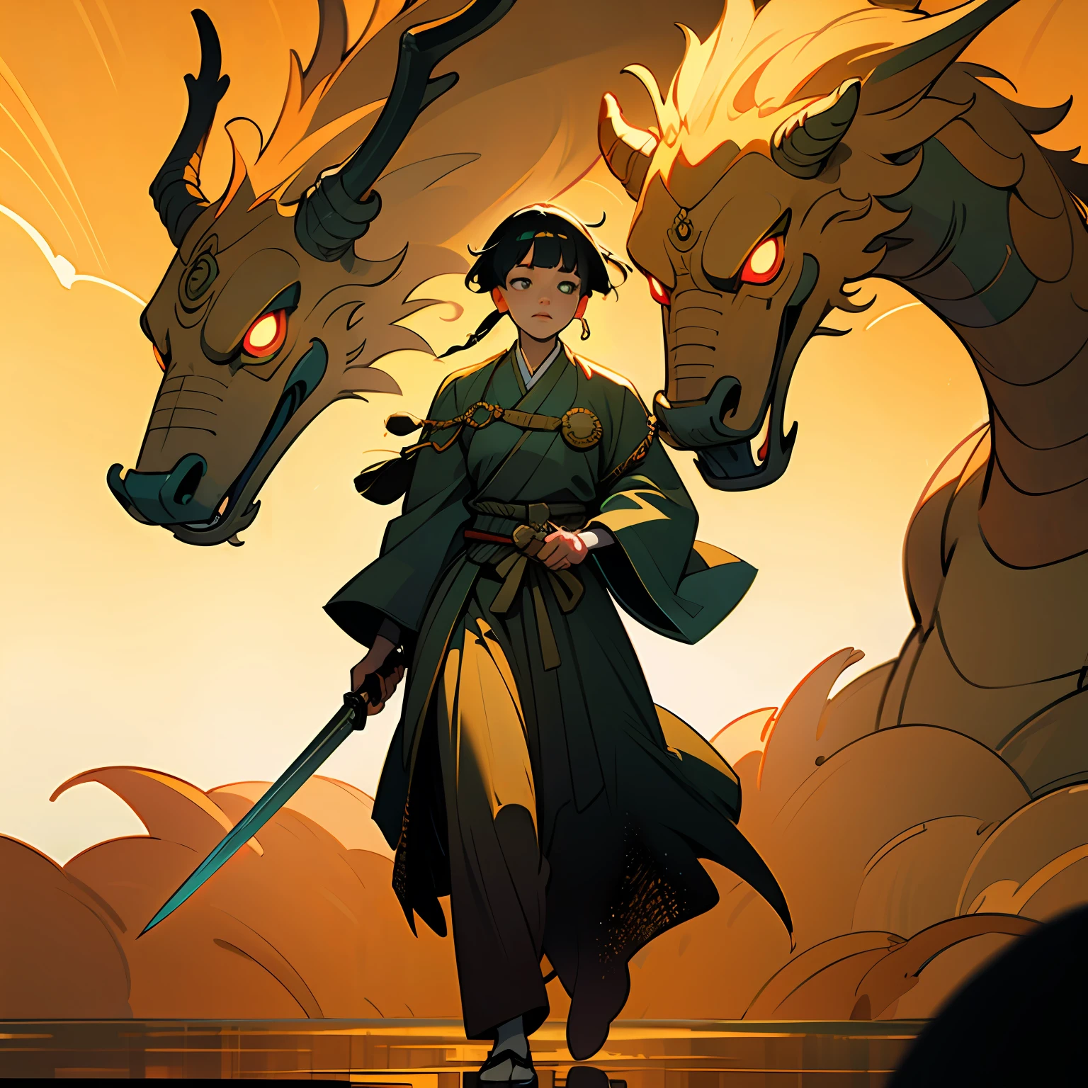Oriental style beauty, sword dance in hand, green and gold clothes, glowing golden dragon walking behind, realistic and ethereal style, Eastern Zhou Dynasty, the background of the picture is the strong air flow of the picture impact, oil painting, fantasy, allegorical animation style, epic ink mixed shot, shining magic. Abstract images, bright light, Rembrandt lighting, smooth color combination style. Surreal water. Shine/Disappear --ar 16:9 --auto