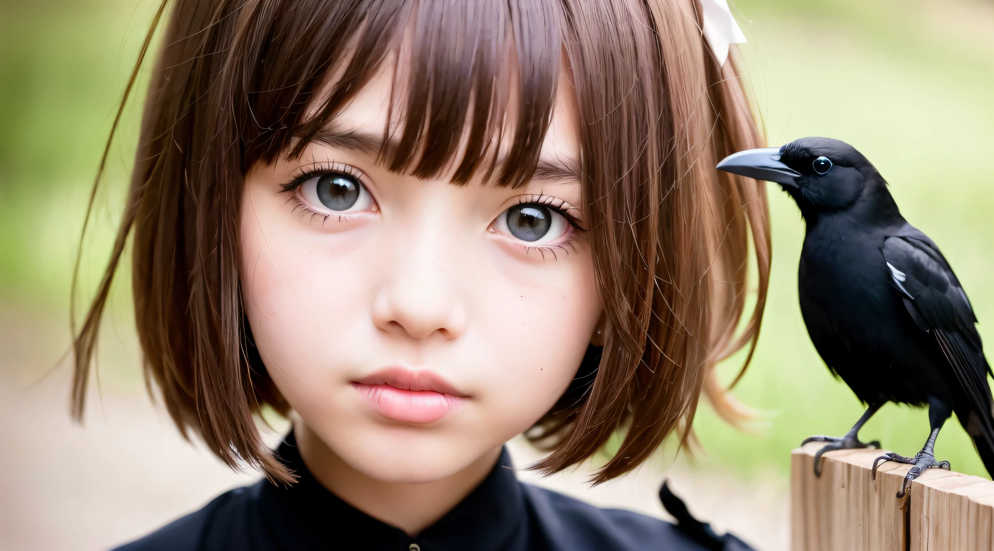 CHILD girl with a black bow and a black dress, girl with dark brown hair, girl with brown hair, black hair ribbons, a beautiful -age girl, wearing hair bow, young girl, brown hair and big eyes, half-length photo, photo of young woman, young, beautiful girl, she is about 1 6 yehere is a black bird sitting on a wooden rail, long shiny thick black beak, closeup of some crows, cute crows, crows as a symbol of death, crow, crow bird, magpie, crow portrait!!!, black crow, dark crow, is looking at a bird, crows, male, crow, beautiful photo, closeup portrait shot, proud looking away, by Paul Bird