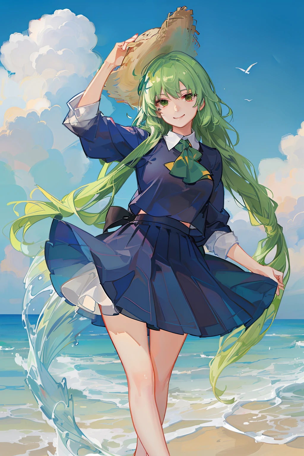 kazami yuuka, green hair, straw hat, smiling, staying in beach,sunny day, happy, wind blowing character, black bikini