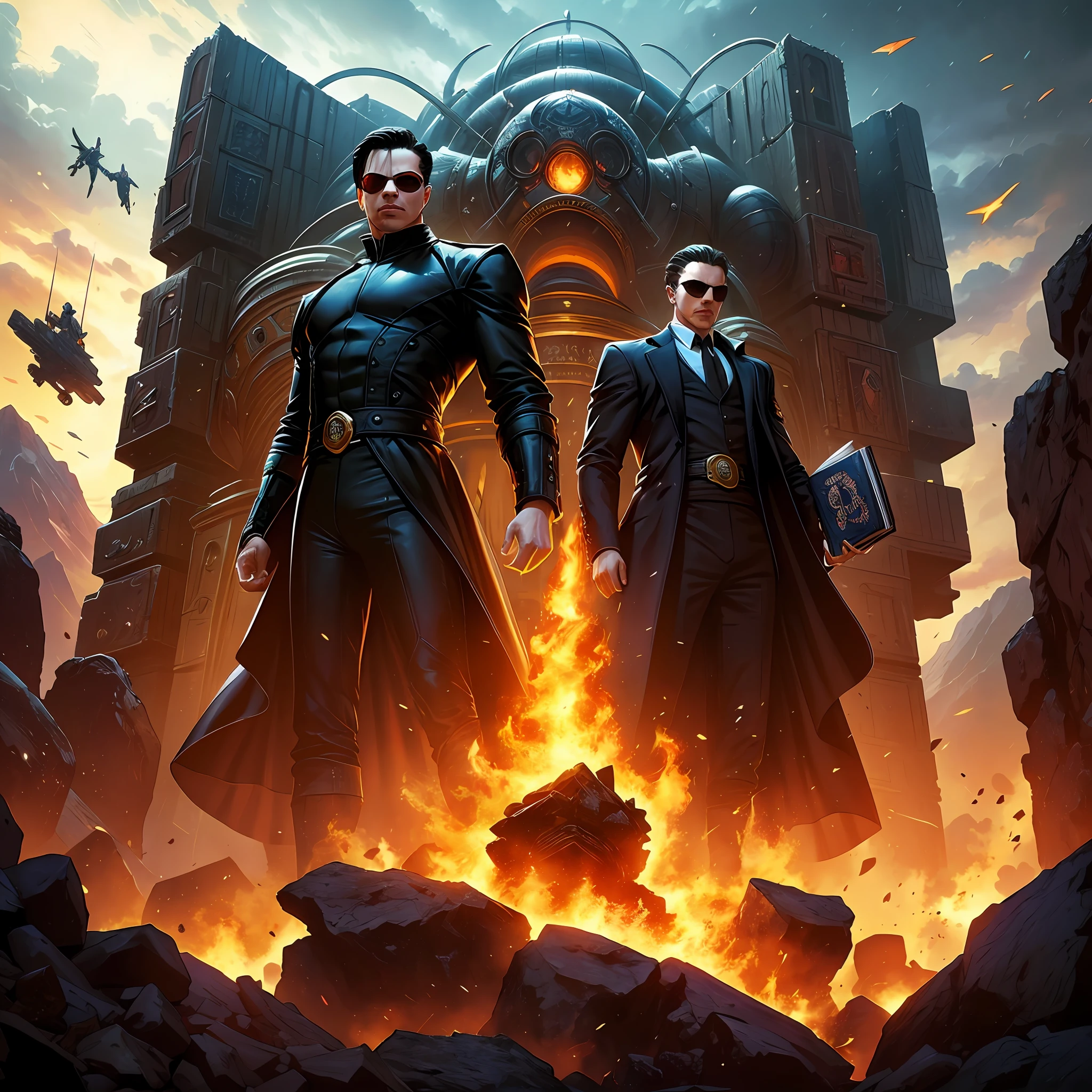Neo of the royal style matrix, alongside the biblical character Enoch, Enoch holding his old book and the two characters on top of a mountain of sentinel machines from the movie The Matrix. --auto