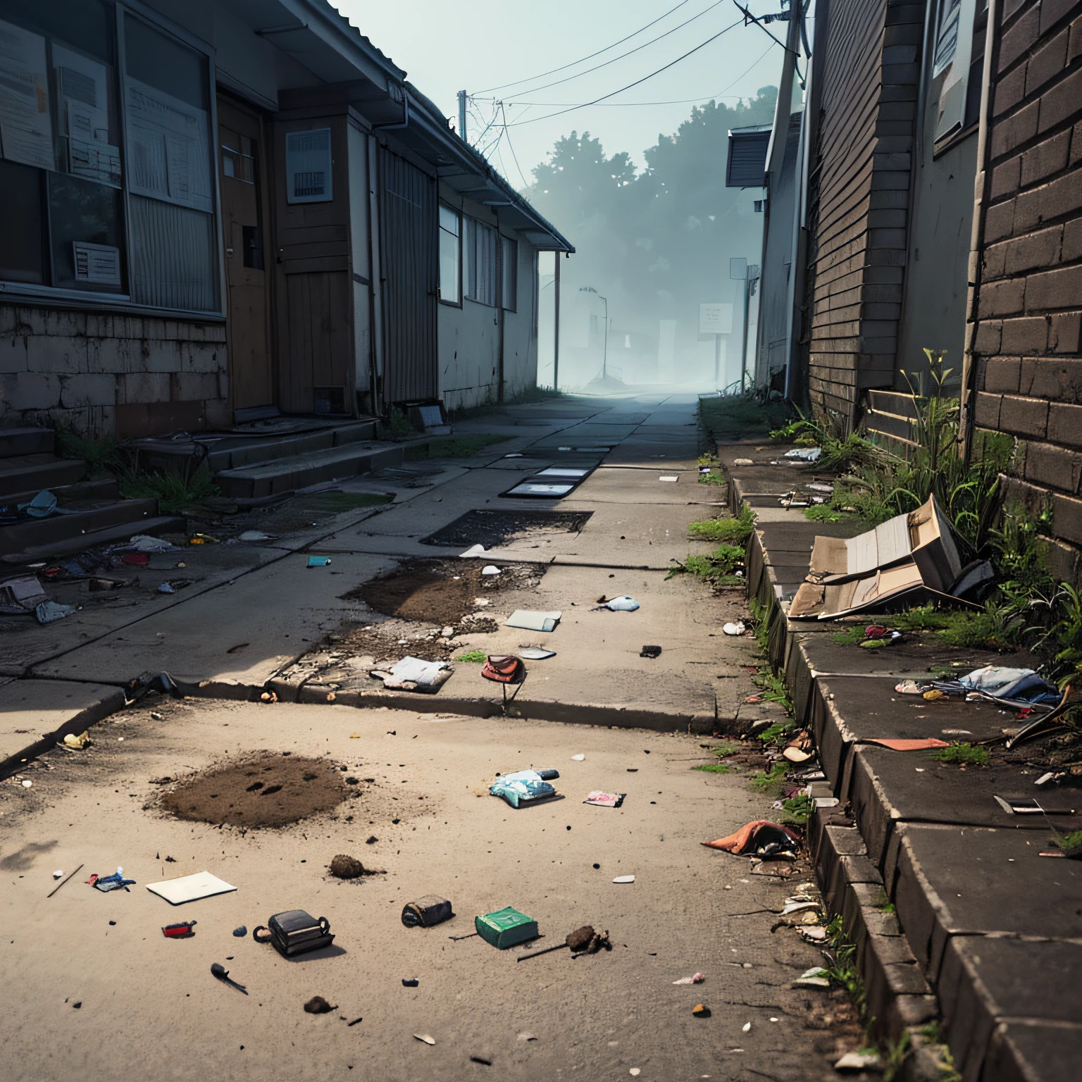 It is late afternoon in the outskirts of a city, where trash is scattered all around. The ground is damp and gives off an unpleasant feeling. The scene exudes a sense of discomfort and unease. A large pile of garbage dominates the area, casting long shadows in the fading light. The illustration style reflects the somber atmosphere, with muted colors and harsh contrasts. The composition emphasizes the dampness of the ground, using texture and shading to evoke a sense of dampness and discomfort. The viewer can almost feel the moist air and perceive the unpleasantness of the surroundings. --ar 16:9 --v 5 --auto