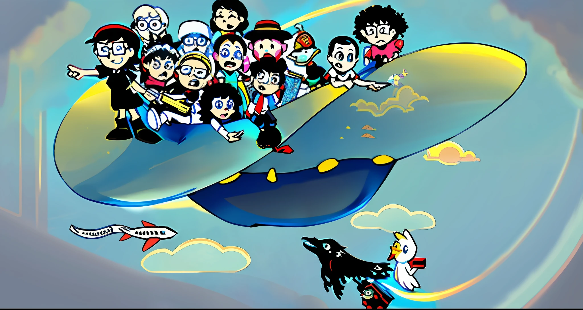 cartoon of a group of people flying in a straw hat, sky!, official fanart, fanart, high quality fanart, detailed fanart, pixiv contest winner, video game fanart, inspired by Winsor McCay, added detail, chibi, sky!, [ concept art ]!, duck themed spaceship, very crowded, discworld theme, fanart", colorful comics, video game still