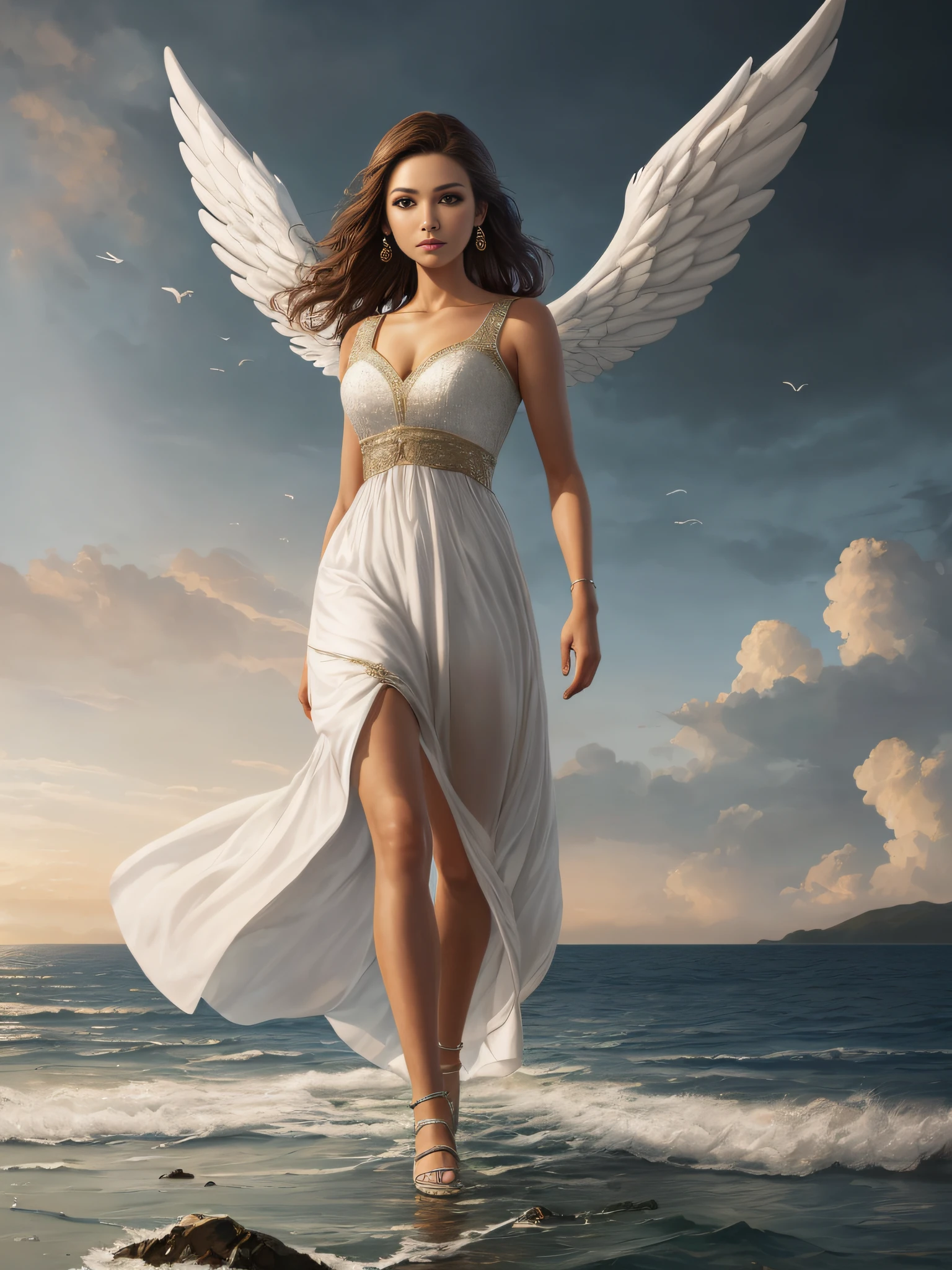 An angel walking on the sea, pure white dress, 8k portrait of beautiful cyborg with brown hair, intricate, elegant, highly detailed, majestic, digital photography, art by artgerm and ruan jia and greg rutkowski surreal, colorful clouds in the sky, orange purple sunlight, 小胸,broken glass, (masterpiece, sidelighting, finely detailed beautiful eyes: 1.2), hdr,