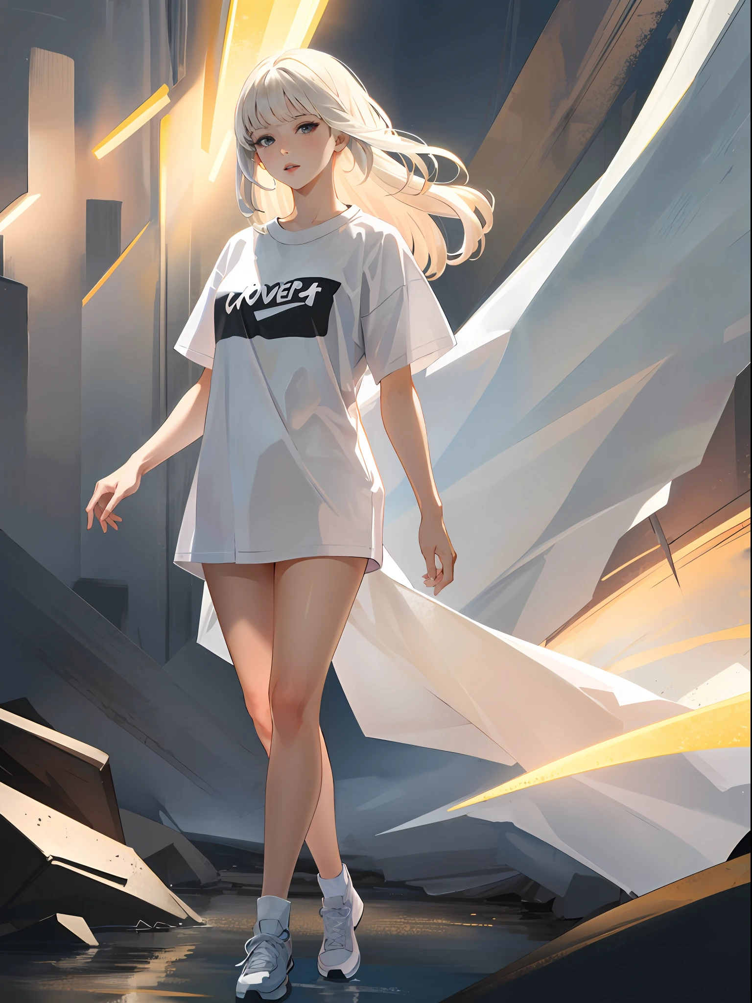 masterpiece, high quality, sharp focus, 1lady, a canadian woman, platinum blonde hair, oversized tshirt, perfect face, perfect jawline, textured skin, beautiful lips, full body shot, cold lighting, cool atmosphere, 8k, uhd, absurdres
