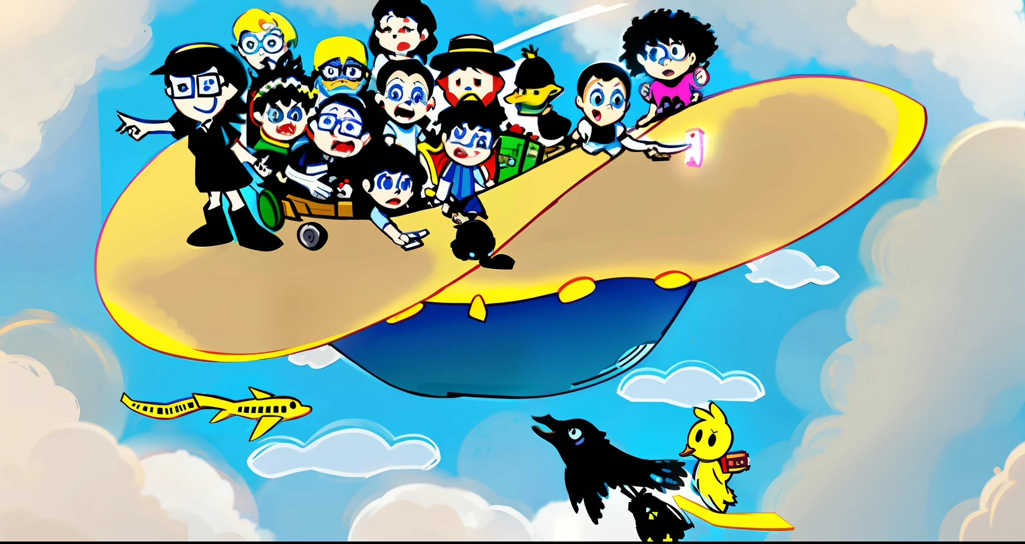 cartoon of a group of people flying in a straw hat, sky!, official fanart, fanart, high quality fanart, detailed fanart, pixiv contest winner, video game fanart, inspired by Winsor McCay, added detail, chibi, sky!, [ concept art ]!, duck themed spaceship, very crowded, discworld theme, fanart", colorful comics, video game still