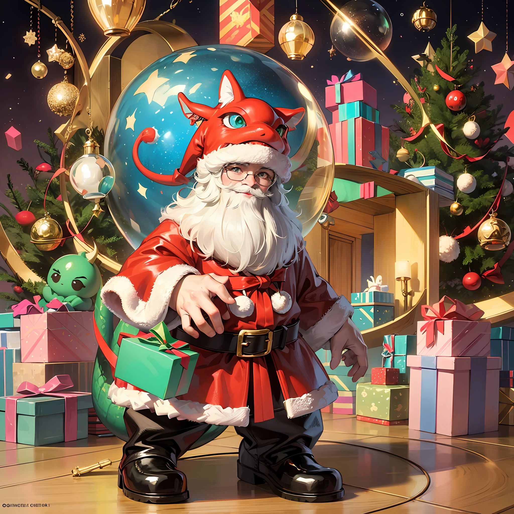 Santa Claus with a cute little dragon Standing at the Christmas tree, bright colors, pixar studio