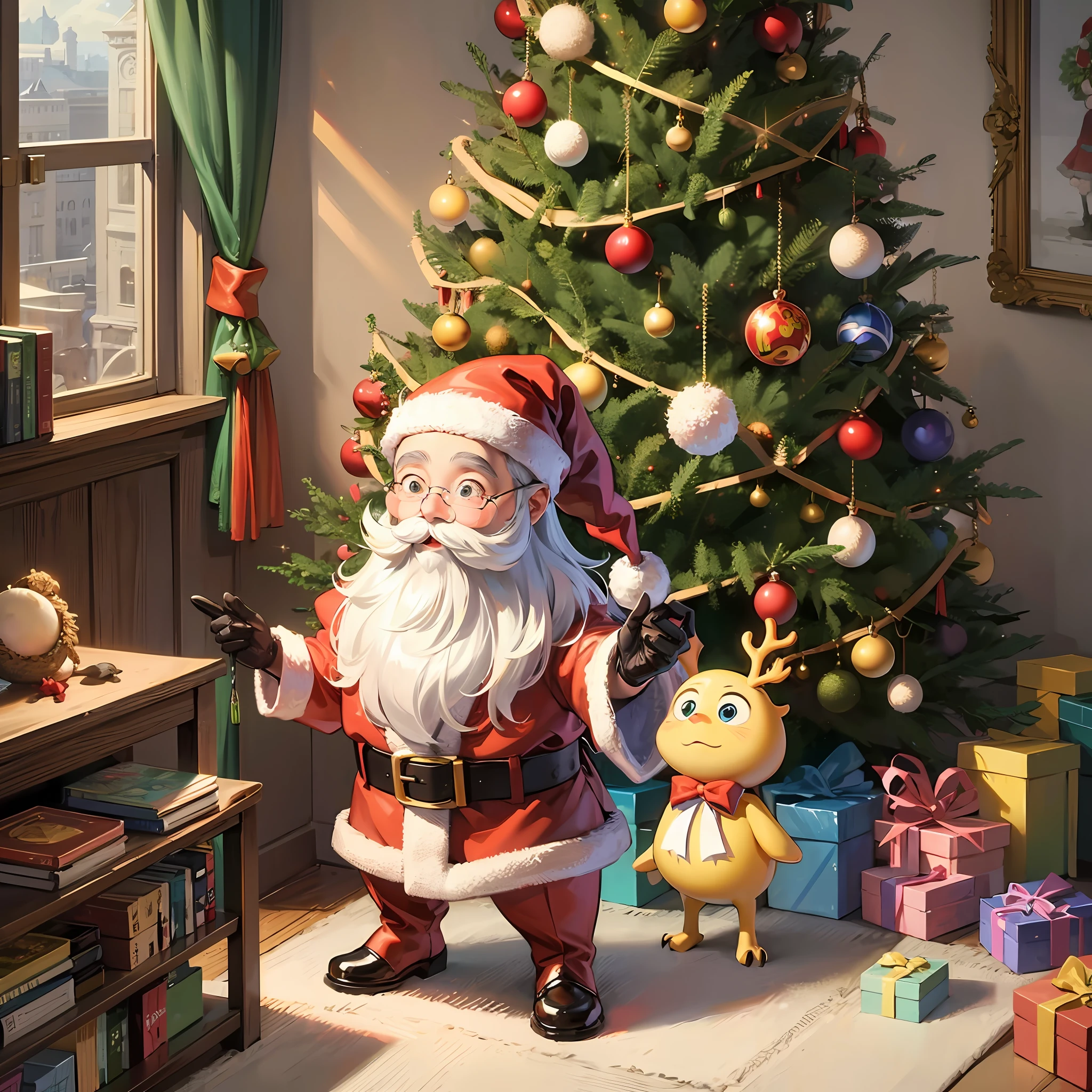 Santa Claus with a cute little dragon Standing at the Christmas tree, bright colors, pixar studio