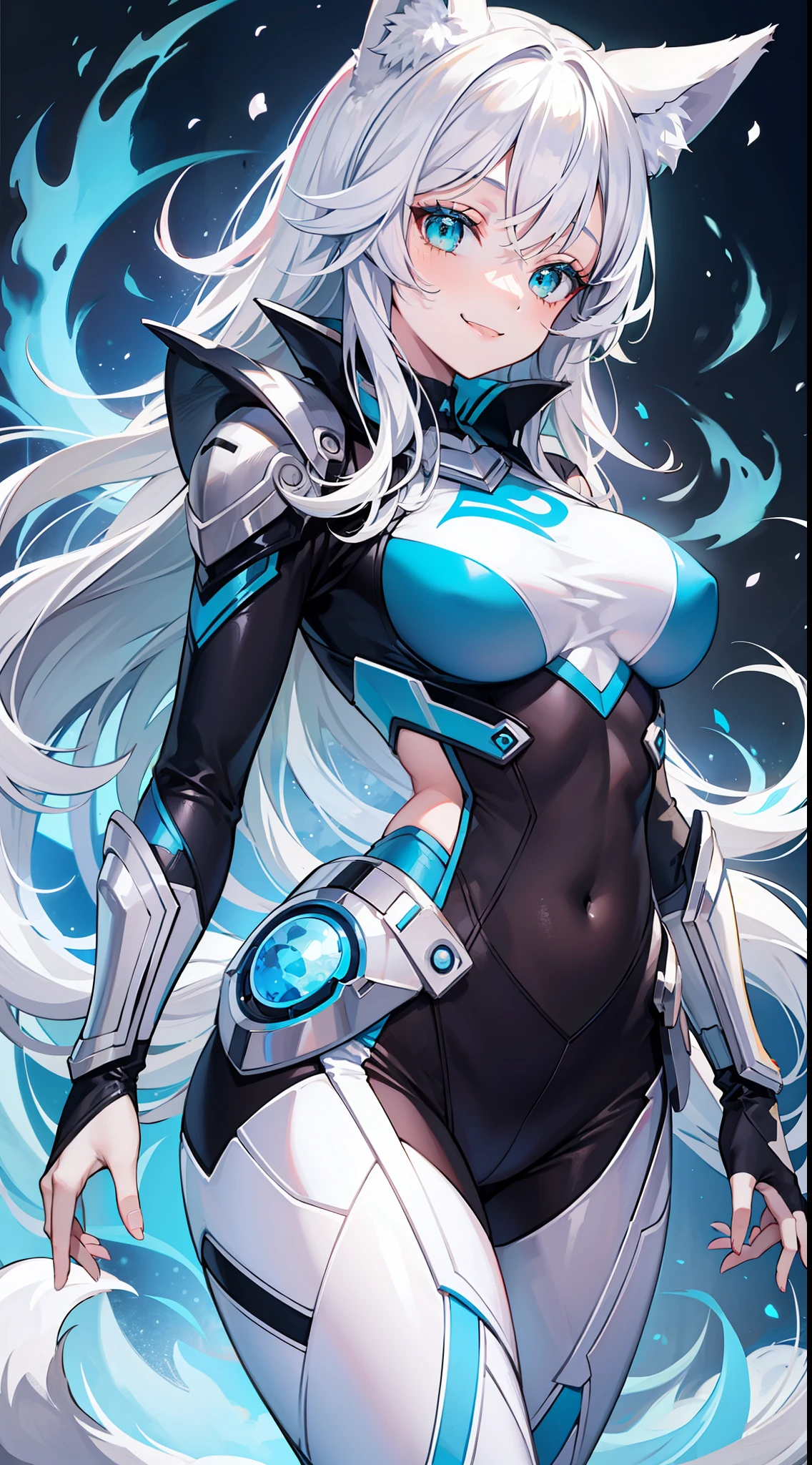 Young girl, long white hair, turquoise eyes, blue superhero costume, fox ears, fox tail, blue fire, smile, masterpiece, high quality