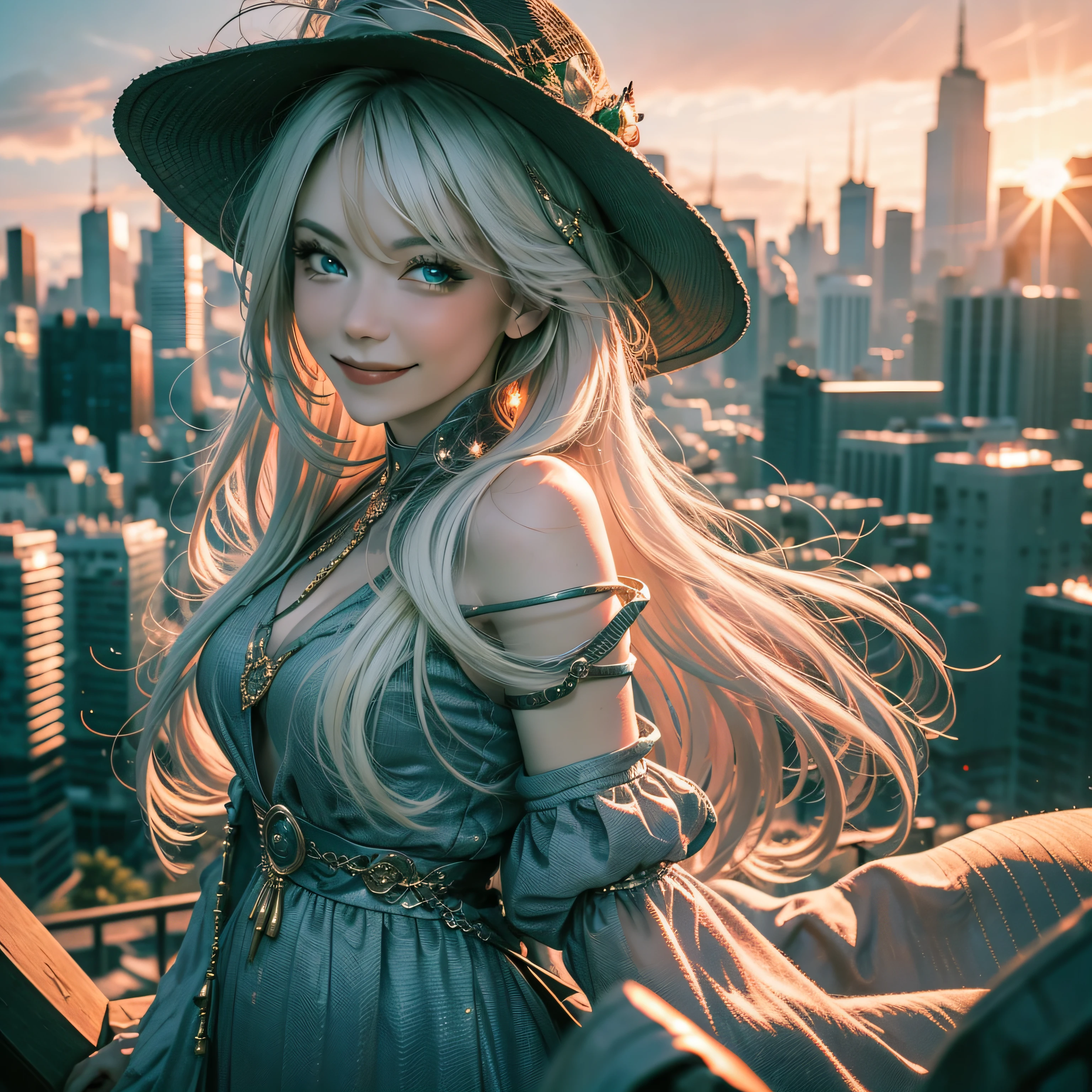 portrait, long white hair, green and blue eyes, smiling, long dress, sunrise with large city background