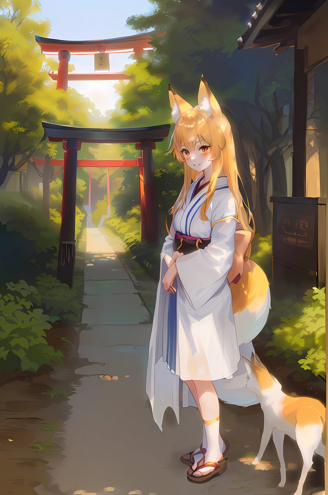 anime girl with a cat and a dog in front of a tori tori gate, kitsune, fox nobushi, a beautiful kitsune woman, anthropomorphic shiba inu, colorful kitsune city, anime style 4 k, a beautiful fox lady, painted in anime painter studio, beautiful anime catgirl, anime girl with cat ears, in a kimono