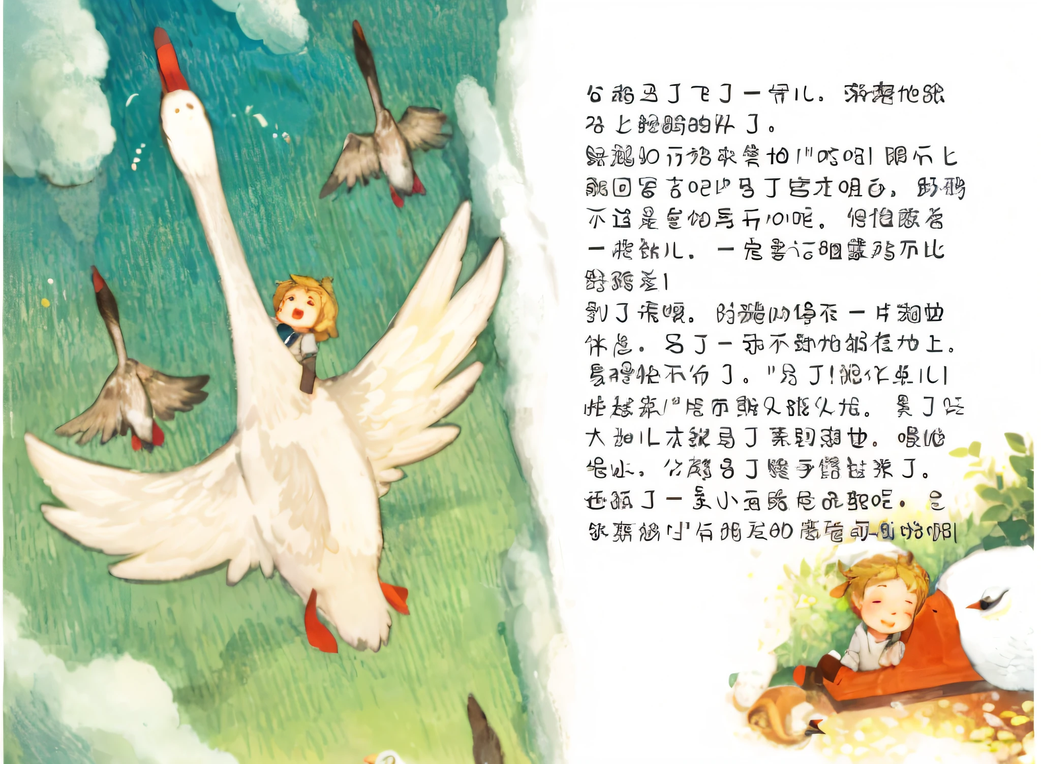 The little boy looked up at the sky and rushed to the sky with the swans and the other swans