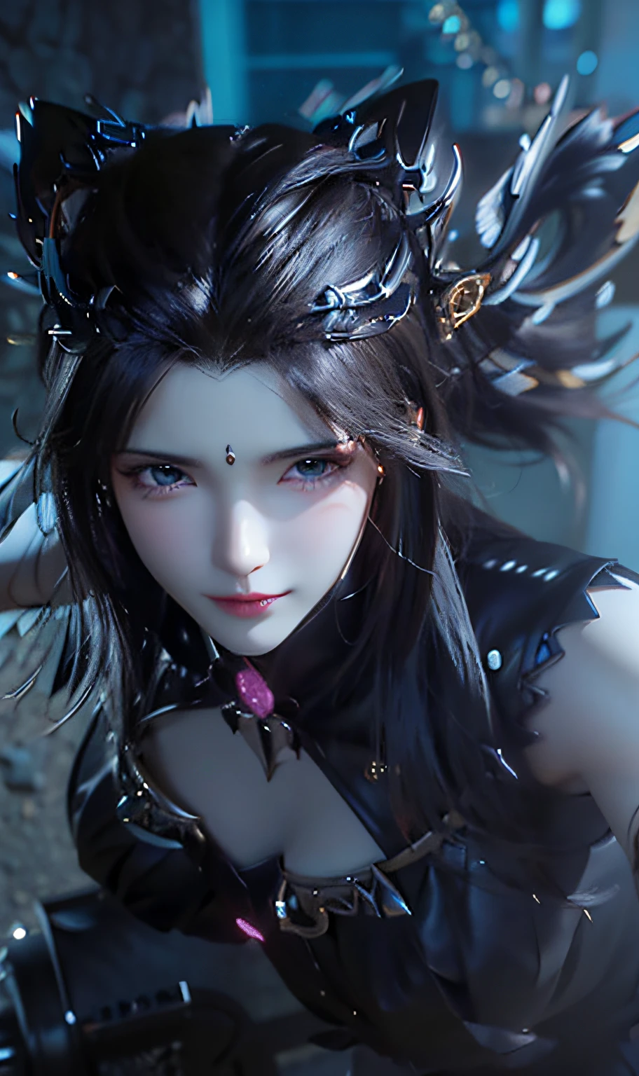 a close-up of a woman dressed in black posing for a photo, Artgerm; 3D Unreal Engine, smooth anime CG art, 8K high quality detail art, 3D rendered character art 8K, extremely detailed art, portrait knight of zodiac girl, fantasy art style, 2. 5 D CGI Anime Fantasy Art, Gothic Shoujo Anime Girl, ((Need for Beauty)), ((Feminine and Sexy)), ((Perfect Face)), ((Delicate Facial Features)), ((Beautiful Eyes, Meticulous Depiction, Close-up)), ((Pointed Nose))