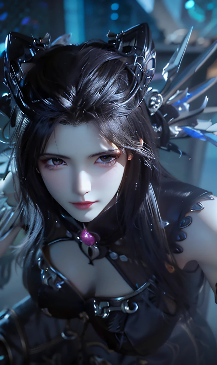a close-up of a woman dressed in black posing for a photo, Artgerm; 3D Unreal Engine, smooth anime CG art, 8K high quality detail art, 3D rendered character art 8K, extremely detailed art, portrait knight of zodiac girl, fantasy art style, 2. 5 D CGI Anime Fantasy Art, Gothic Shoujo Anime Girl, ((Need for Beauty)), ((Feminine and Sexy)), ((Perfect Face)), ((Delicate Facial Features)), ((Beautiful Eyes, Meticulous Depiction, Close-up)), ((Pointed Nose))