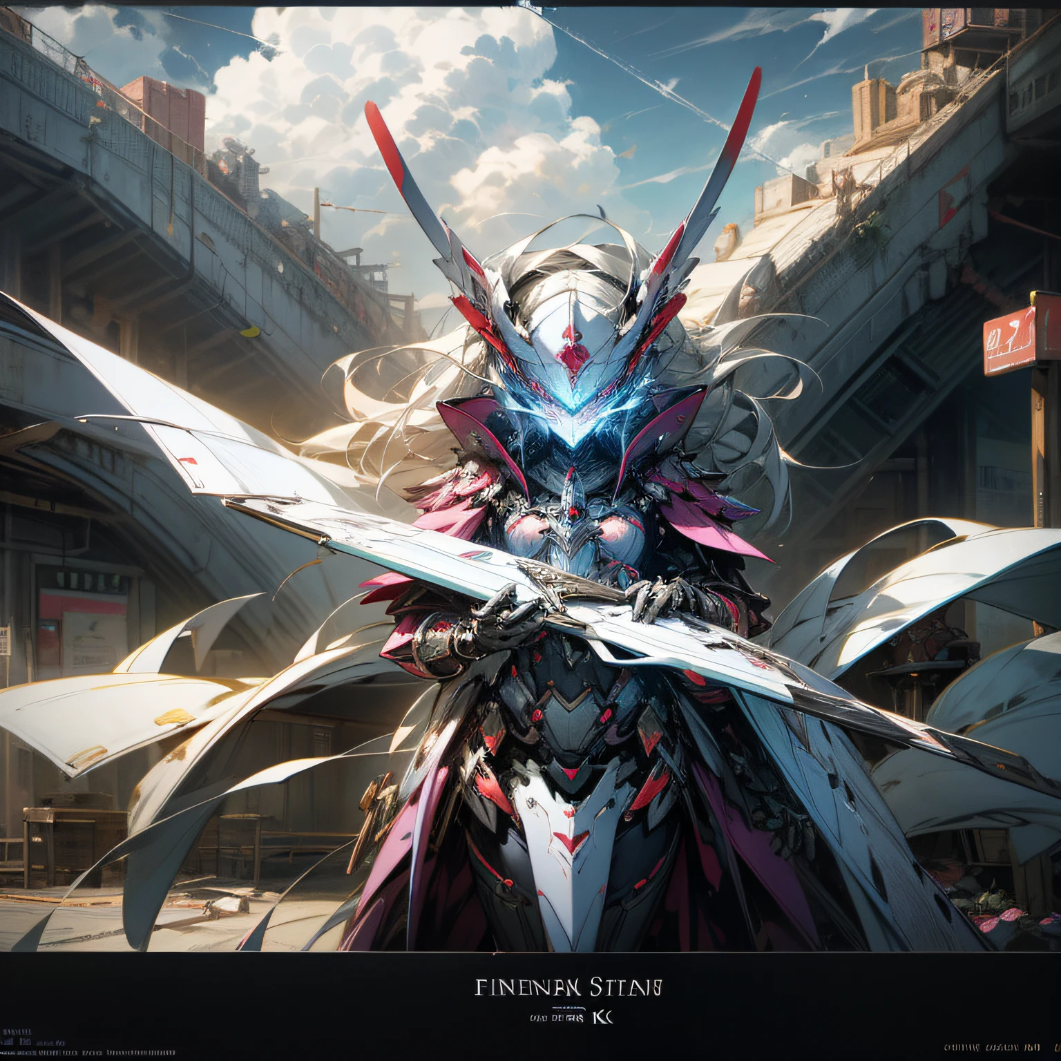 Guvitz in art station pixiv, mechanized soldier girl, Rostelland 8 K, high quality digital concept art, best anime 4K konacan wallpaper, premium digital anime art, guviz on Pixiv art station, Kusart Krenz key art feminized, sideways, beautiful detailed sky, sterling silver white