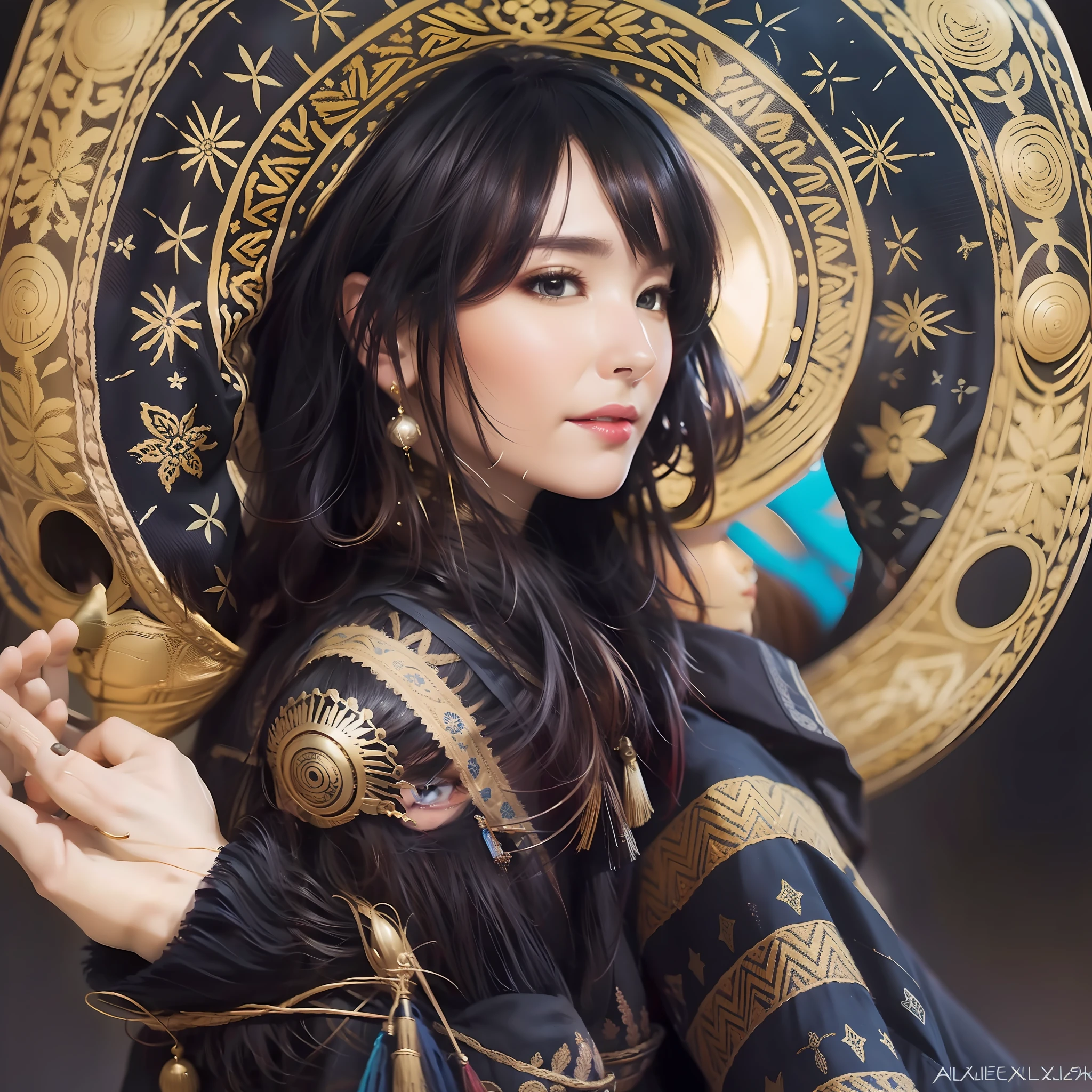 close up of an Indian warrior woman deity with black hair and a red mask, golden ornaments, silver trinkets,blood spatter,beautiful character,dark cyan tunic, yellow tunic, elegance, mystique, knowledge, dignified stance, intricate patterns, nature motifs, celestial motifs, deep contemplation, majestic cape, luxurious fabrics, swirling patterns, magical atmosphere, harmonious color palette, enchantment, wisdom. Tetradic, warm colors, best quality, masterpiece, high resolution, photorealistic, intricate, rich background painting,Andrew Atroshenko, artwork in the style of Andrew Atroshenko, black haired deity, byAlexandr Averin , epic exquisite character art, stunning character art, by Jules Bastien-Lepage,on pixiv artstation