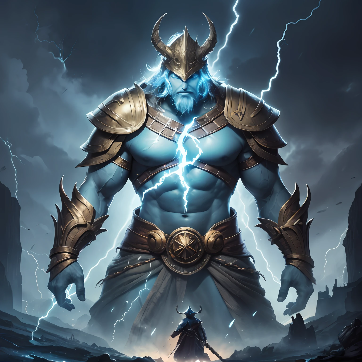 A storm giant from dungeons and dragons or faerun with lightning effects, norse, nordic, jotun, ((blue skin)), helmet, a small human in the foreground