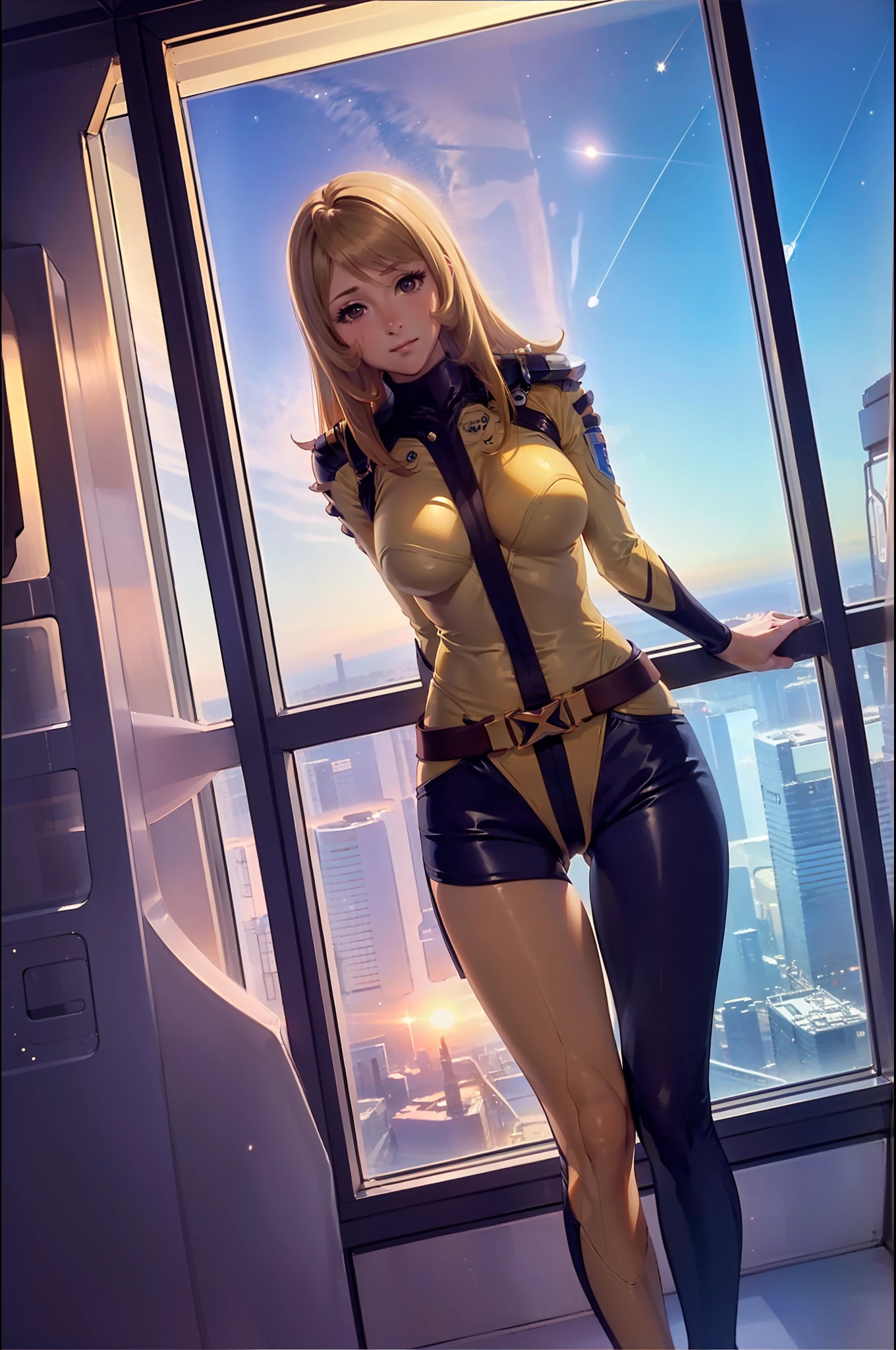(masterpiece, best quality:1.2), cowboy shot, solo, 1girl, mori yuki, slight smile, closed mouth, looking at viewer, blonde hair, thigh gap, yellow bodysuit, skin tight, belt, large window, from front, (spread legs:1.3), (standing:1.1), starship interior, (outer space view:1.1), (orbital view:1.3), (night, stary sky:1.3), milky way