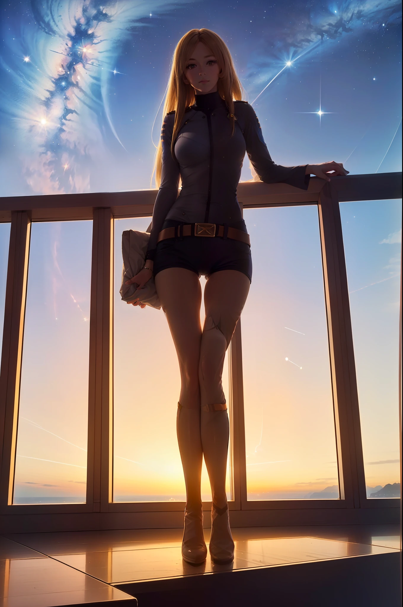 (masterpiece, best quality:1.2), cowboy shot, solo, 1girl, mori yuki, slight smile, closed mouth, looking at viewer, blonde hair, thigh gap, yellow bodysuit, skin tight, belt, large window, from front, (spread legs:1.3), (standing:1.1), starship interior, (outer space view:1.1), (orbital view:1.3), (night, stary sky:1.3), milky way