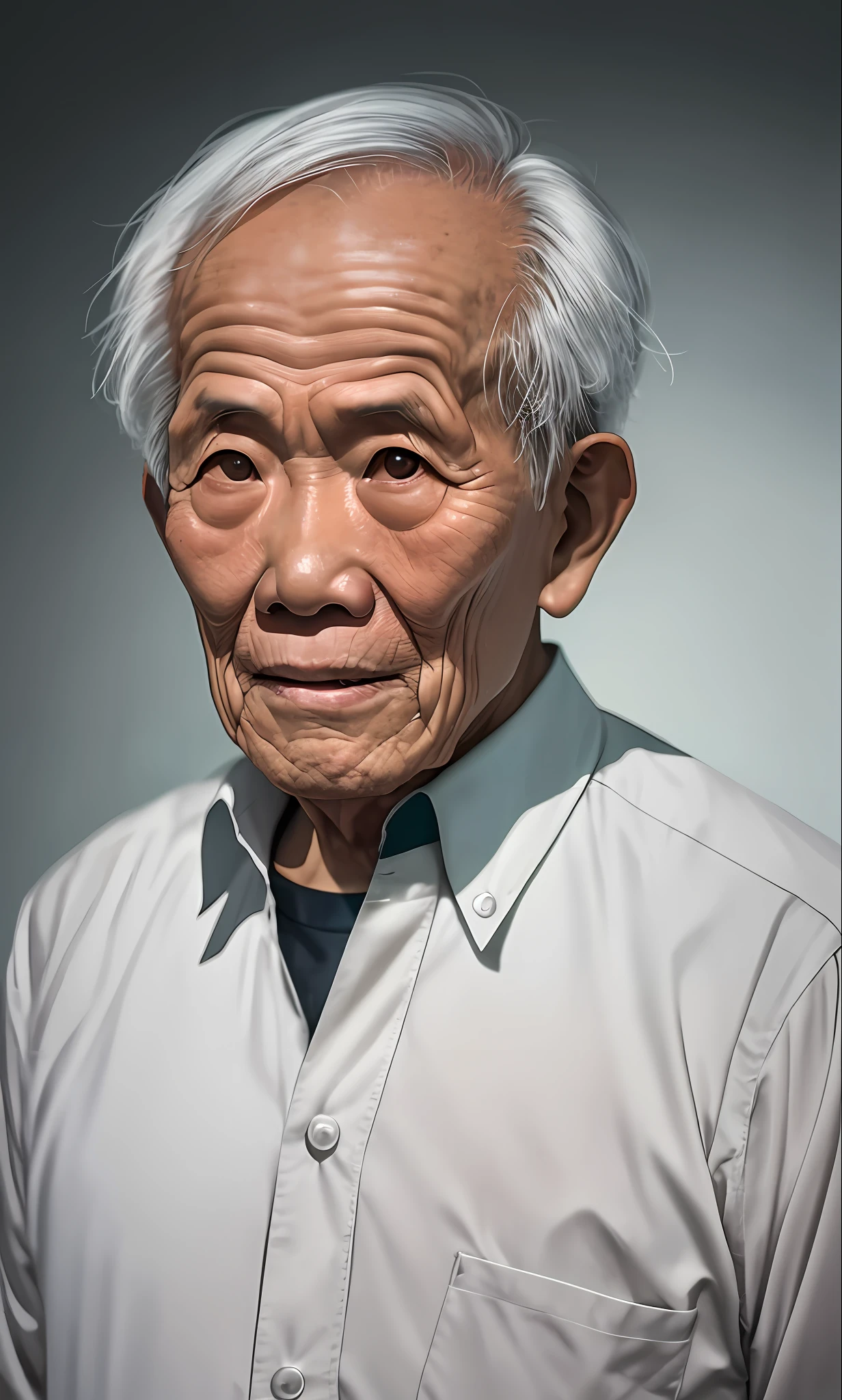 perfect shot of an old Vietnamese man, with his face illuminated, light clothes, hair white, black background --auto