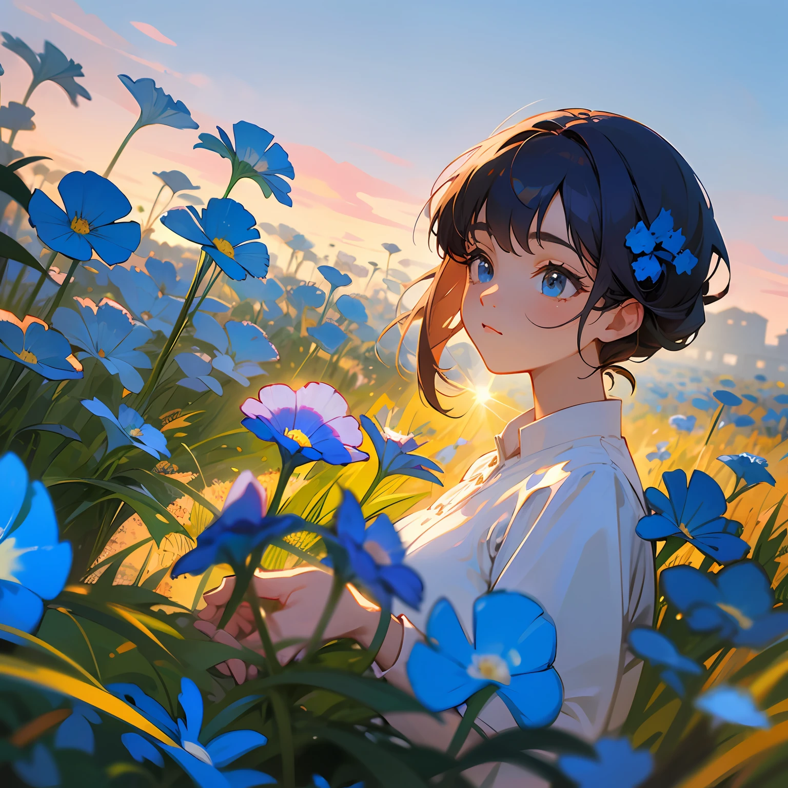 CG painting to express the beautiful scenery of Nemophila Hill, detailed depiction of the highest quality, realism and freshness, excellent illumination and shadows, magnificent sky, blue sky, sea of nemophila flowers spreading all over, a faint breeze blowing, scattering with colorful petals, grasslands spreading, the light of the morning sun and sunset mysteriously illuminated , beautiful woman in the flowers
