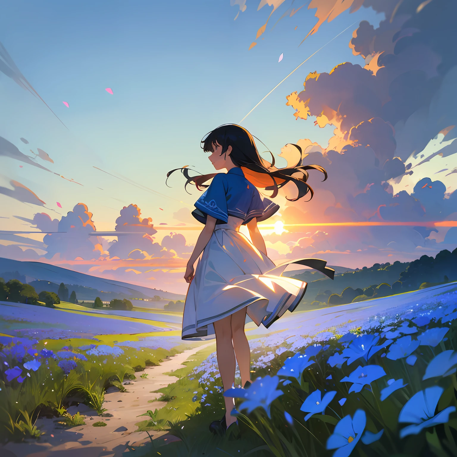 CG painting to express the beautiful scenery of Nemophila Hill, detailed depiction of the highest quality, realism and freshness, excellent illumination and shadows, magnificent sky, blue sky, sea of nemophila flowers spreading all over, a faint breeze blowing, scattering with colorful petals, grasslands spreading, the light of the morning sun and sunset mysteriously illuminated , beautiful woman in the flowers