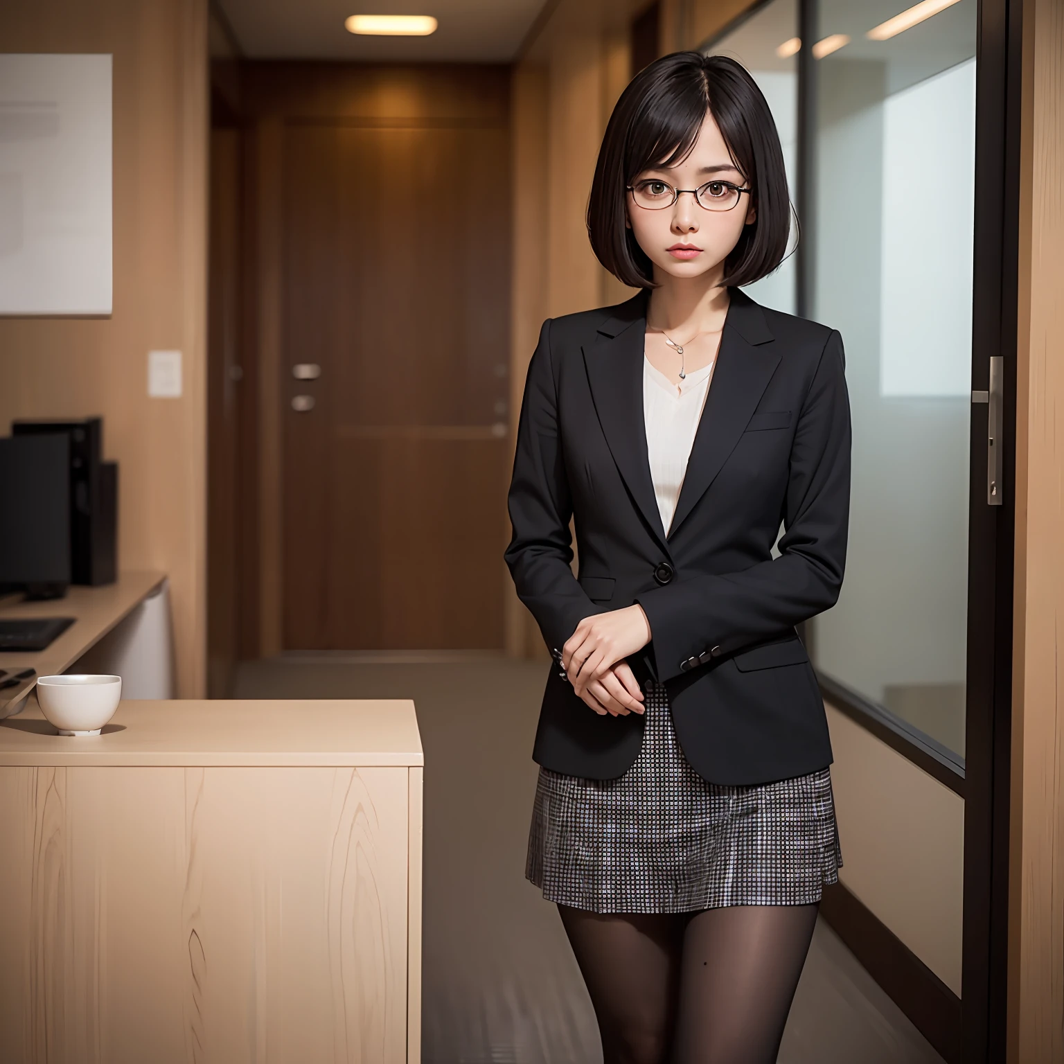 (Absolutely One Woman),(One Girl),Alone,Solo,Standing,Knee Spread,Cute Small Face,Bob Cut,Raw Photo, Candid, Narrow Eyes,Full Body,Black Pantyhose,Textured Skin,,Office Lady,Suit,Skirt,Bangs About Eyebrows,(Shotcut),Looking at Viewer,Raw Photo,Pale Skin, Japan Person, Glasses, Small, Young, Tall, Dark Expression, Bright Black Eyes, Anger, Slender Body, Medium Build, Small Waist, Wide Thighs, Photorealistic, Best Quality, 8K, Masterpiece