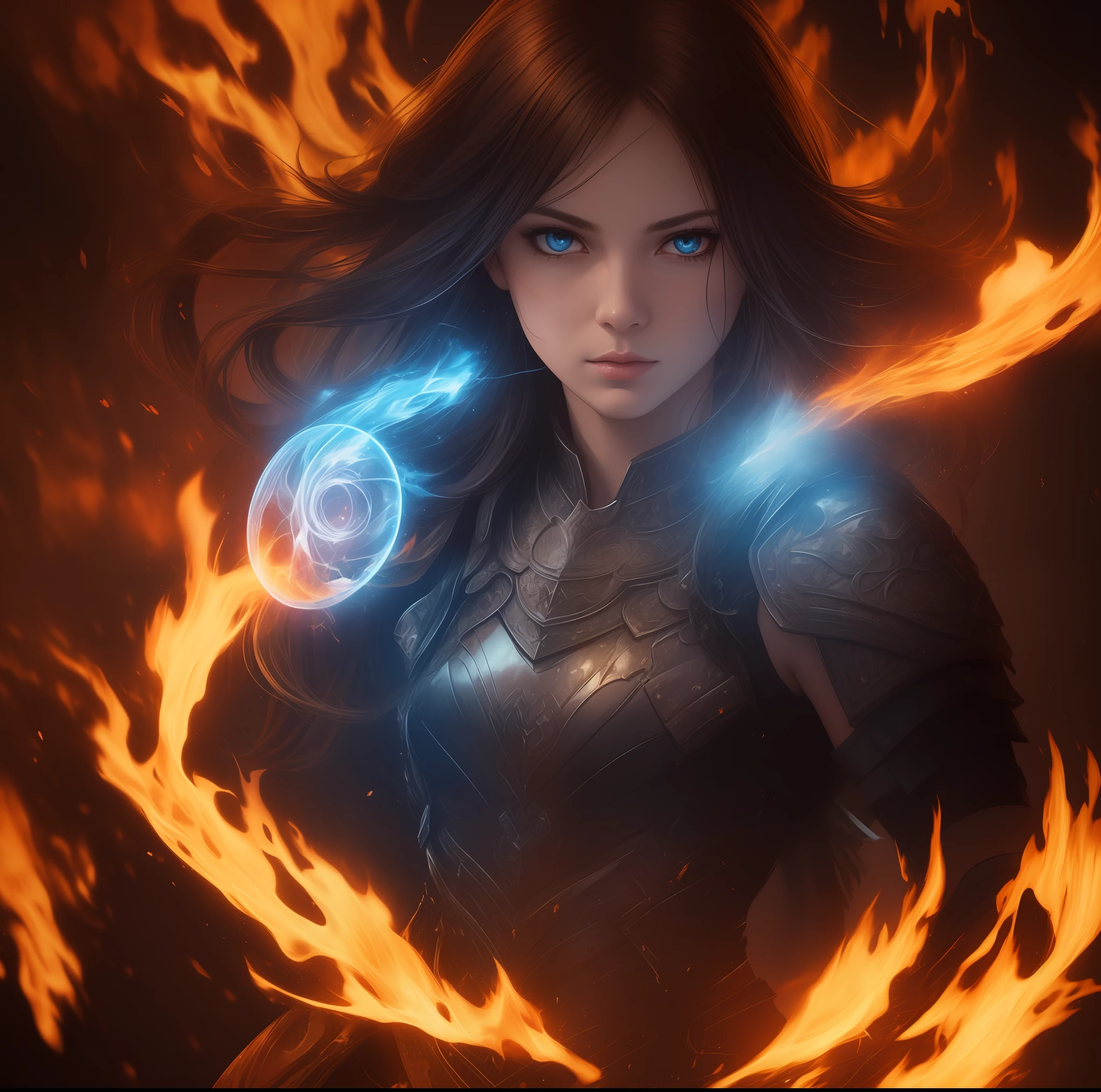 high contrast, swirling light, (dark:1.2), deep shadow, darkness, realistic, closeup, 1girl, solo, brown hair, sharp face, long hair, flowing hair, blue eyes, dynamic angle, full body, magic circle, dark fantasy, masterpiece, best quality, ultra-detailed, best shadow, BREAK, [(colorful explosion psychedelic paint colors:1.2)::0.20], sexy, glossy, armor, hyper realistic, alive, cinematic light, colorful, hyper detail, dramatic light, intricate details, pain splatter, depth of field, fire particles, broken glass, (sweltering:0.7),