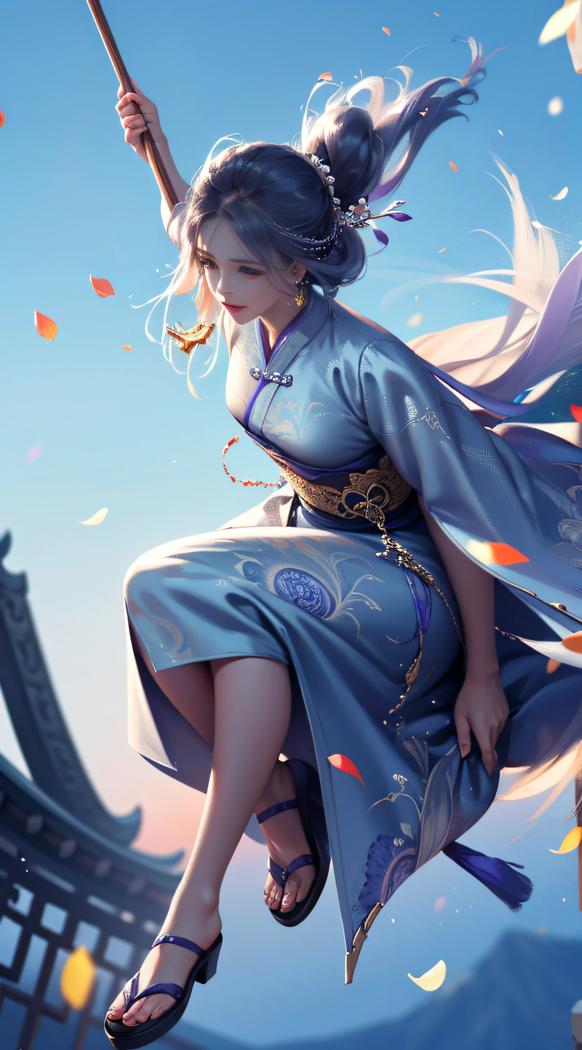 Mature girl, purple eyes, blue-white hair color, floating hair, delicate and flexible eyes, intricate damask Hanfu, gorgeous accessories, wearing pearl earrings, fov, f/1.8, masterpiece, ancient Chinese architecture, blue sky, flower petals flying, front full body photo, Chang'e, side light, sunlight shining on people, 8K