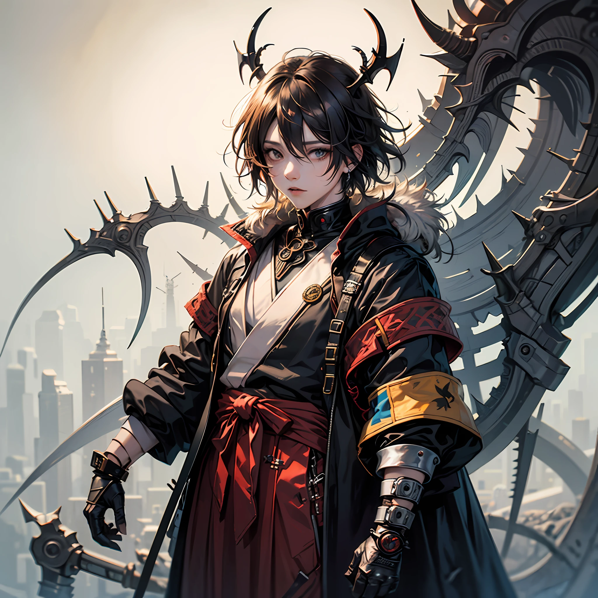 1 boy, upper body metsde, Japanese clothing, half demonic body with thorns, anime strokes, Japanese anime style rendering --auto