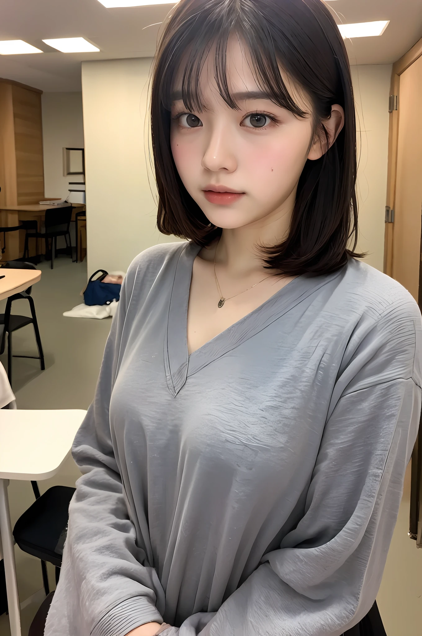 Masterpiece, Top Quality, Ultra High Definition, Colorful, Flat Color 1 girl, watching viewer, girl in the ballet department, sweaty cheeks, detailed texture, detailed cloth texture, beautiful detailed face, adult atmosphere, exposure, upper body up, blurred background, bangs, big: 1.4
