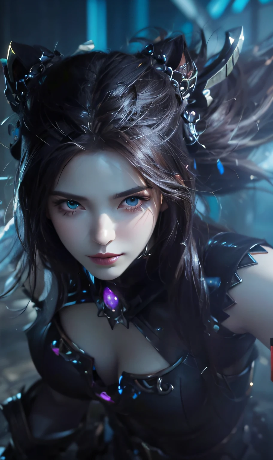 a close-up of a woman dressed in black posing for a photo, Artgerm; 3D Unreal Engine, smooth anime CG art, 8K high quality detail art, 3D rendered character art 8K, extremely detailed art, portrait knight of zodiac girl, fantasy art style, 2. 5 D CGI Anime Fantasy Art, Gothic Shoujo Anime Girl, ((Need for Beauty)), ((Feminine and Sexy)), ((Perfect Face)), ((Delicate Facial Features)), ((Beautiful Eyes, Meticulous Depiction, Close-up)), ((Pointed Nose))