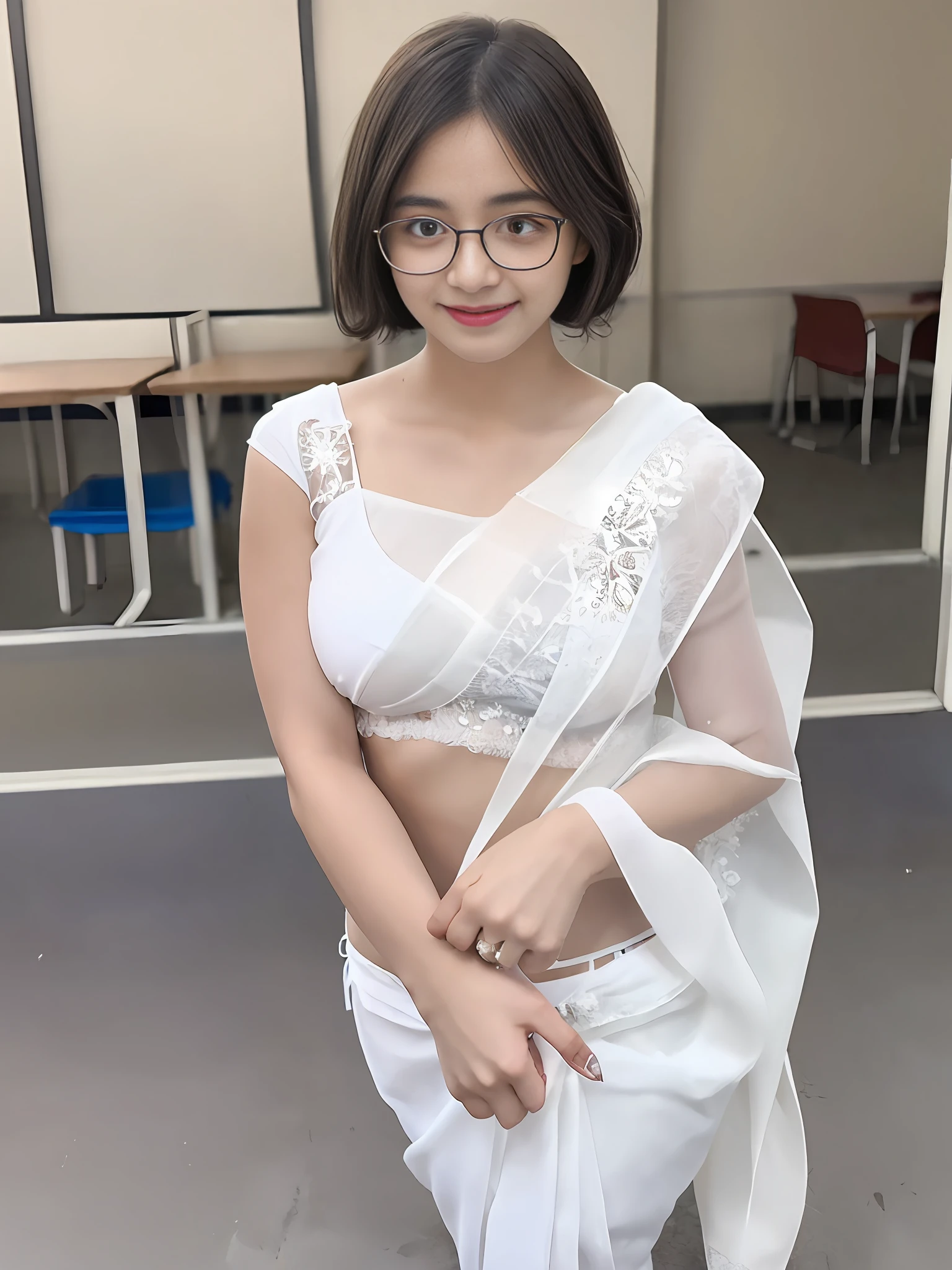 12-18 Years Old indian female, medium short hair style, (((wearing white bikini saree ))),at the school classroom ,(beautiful girl blushing cheeks:1.3),((seductive smile)), backlight, extremely realistic, 8k,(((wearing cute glasses))), ((blushing face)),((full body)) ,insane details, intricate details, cinematic color graded,Color Grading,Editorial Photography, Photography,sharp focus, taken with a 60mm lens, ISO 300, f/4, 1/200th