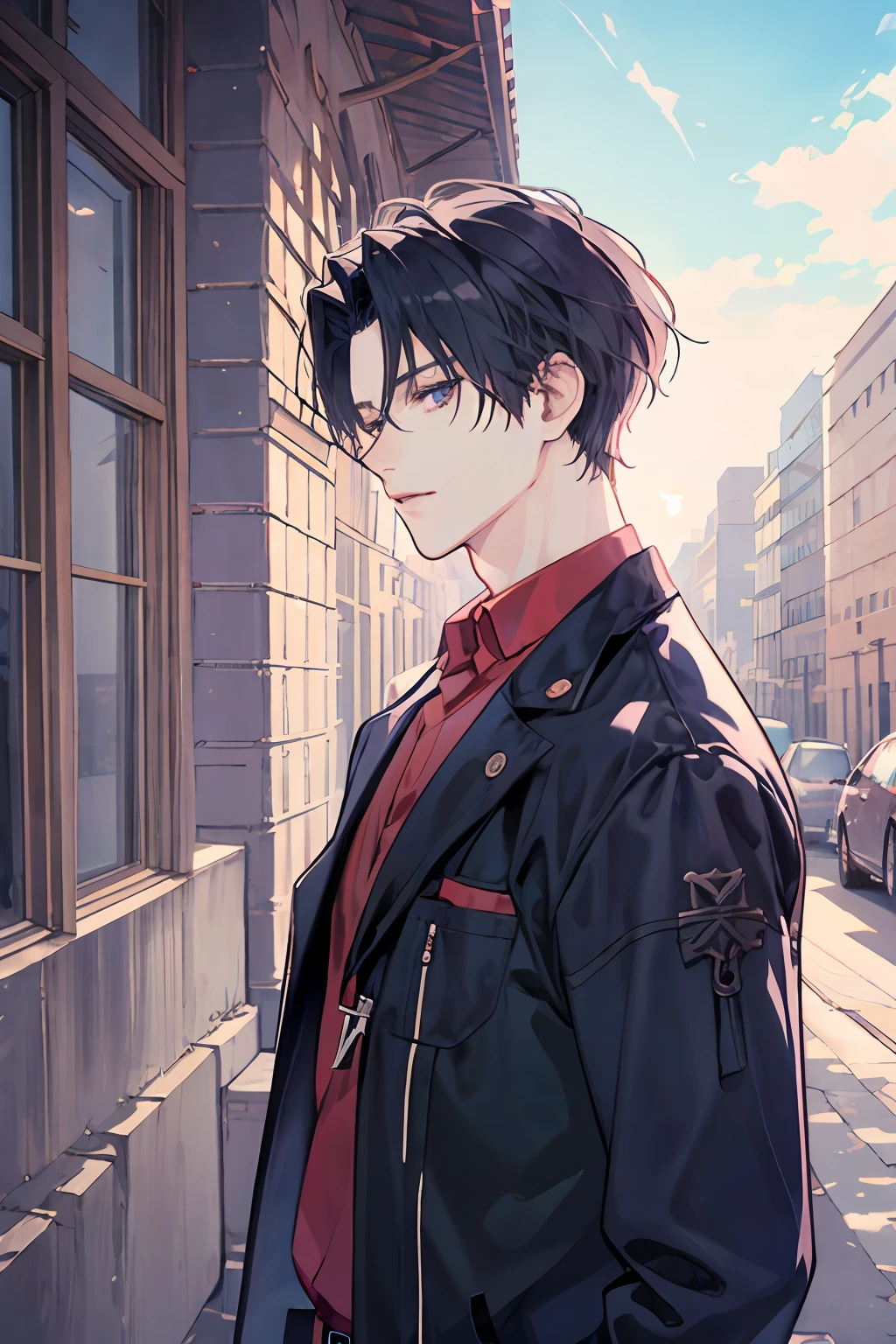 Anime boys,overbearing president,Side face,The background is a city, , visual novel cg, anime key visual of elegant, romance novel cover,