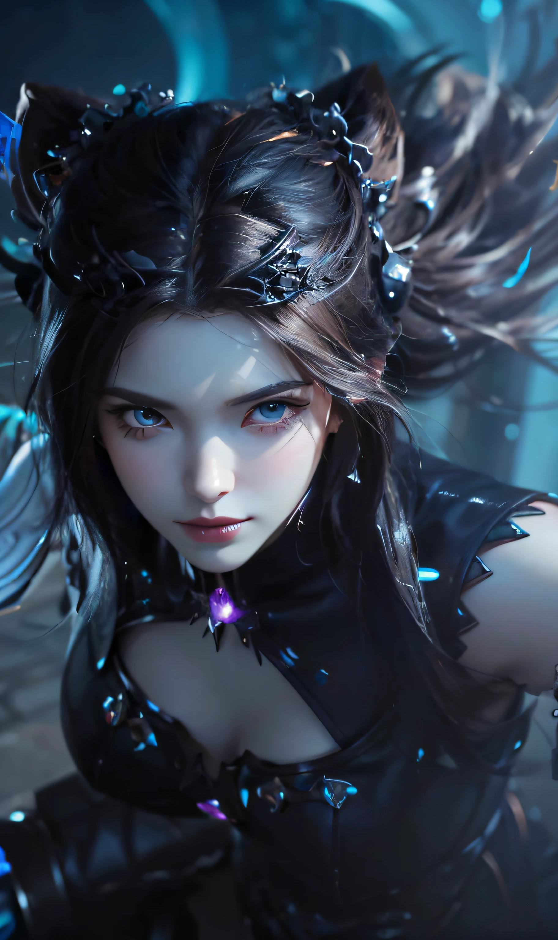 a close-up of a woman dressed in black posing for a photo, Artgerm; 3D Unreal Engine, smooth anime CG art, 8K high quality detail art, 3D rendered character art 8K, extremely detailed art, portrait knight of zodiac girl, fantasy art style, 2. 5 D CGI Anime Fantasy Art, Gothic Shoujo Anime Girl, ((Need for Beauty)), ((Feminine and Sexy)), ((Perfect Face)), ((Delicate Facial Features)), ((Beautiful Eyes, Meticulous Depiction, Close-up)), ((Pointed Nose))