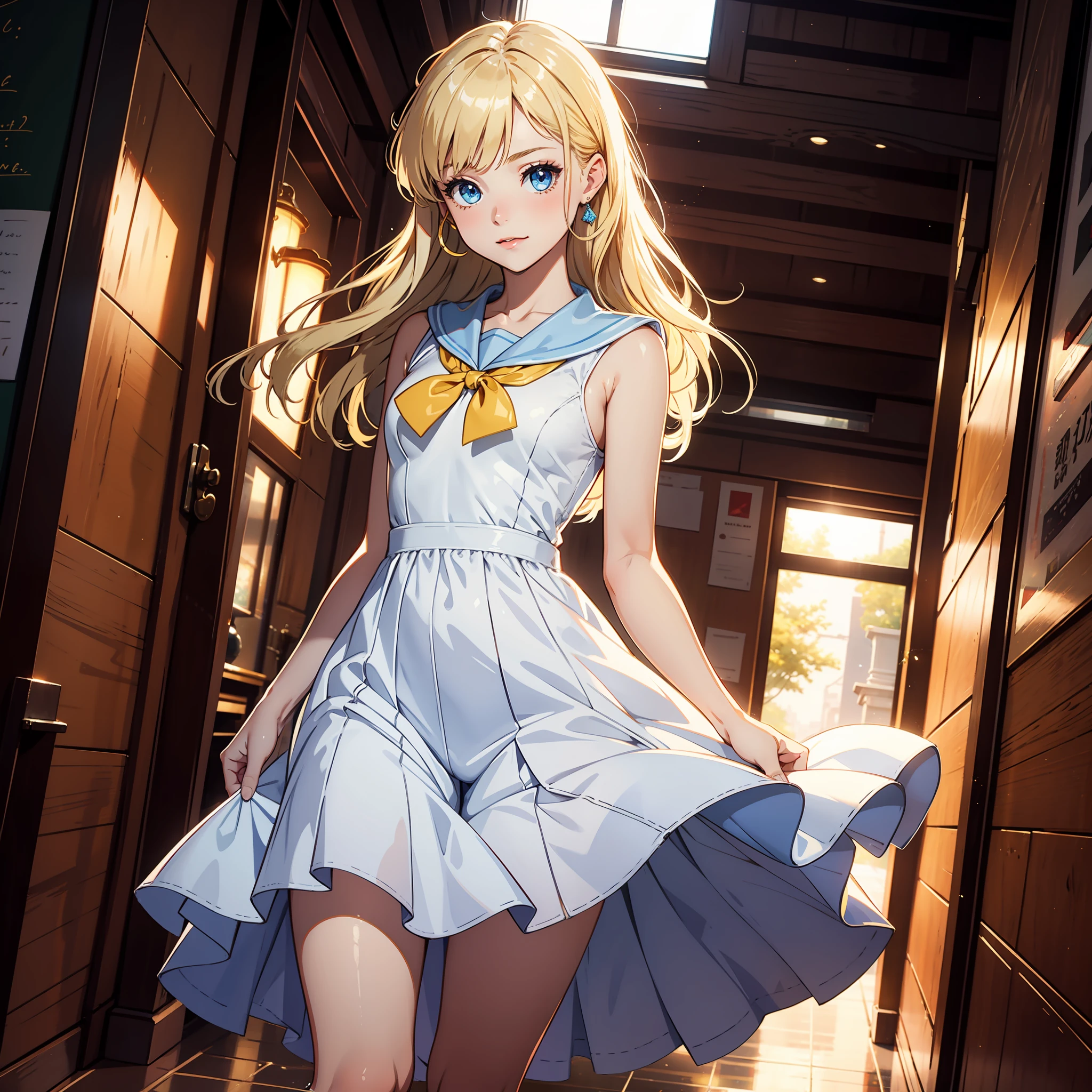 Top quality, super high resolution, photo, ultimate beauty, bright beautiful cute beautiful girl photo, belle from beautyandthe beast, detailed face, (PureErosface_V1:0.008), shiny white beautiful glossy skin, sailor suit, student, 14 years old, beautiful bright natural blonde, beautiful bangs, silky super long straight hair, shining big beautiful light blue eyes, yellow long gown