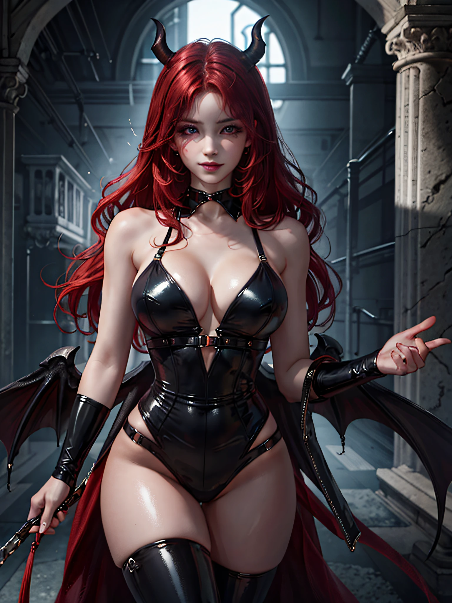 masterpiece, best quality, 1 girl, demon girl, femdom, big breasts, perfect body, red hair, long hair, straight hair, purple eyes, latex, seductive, smirk, perfect cg, HD quality,