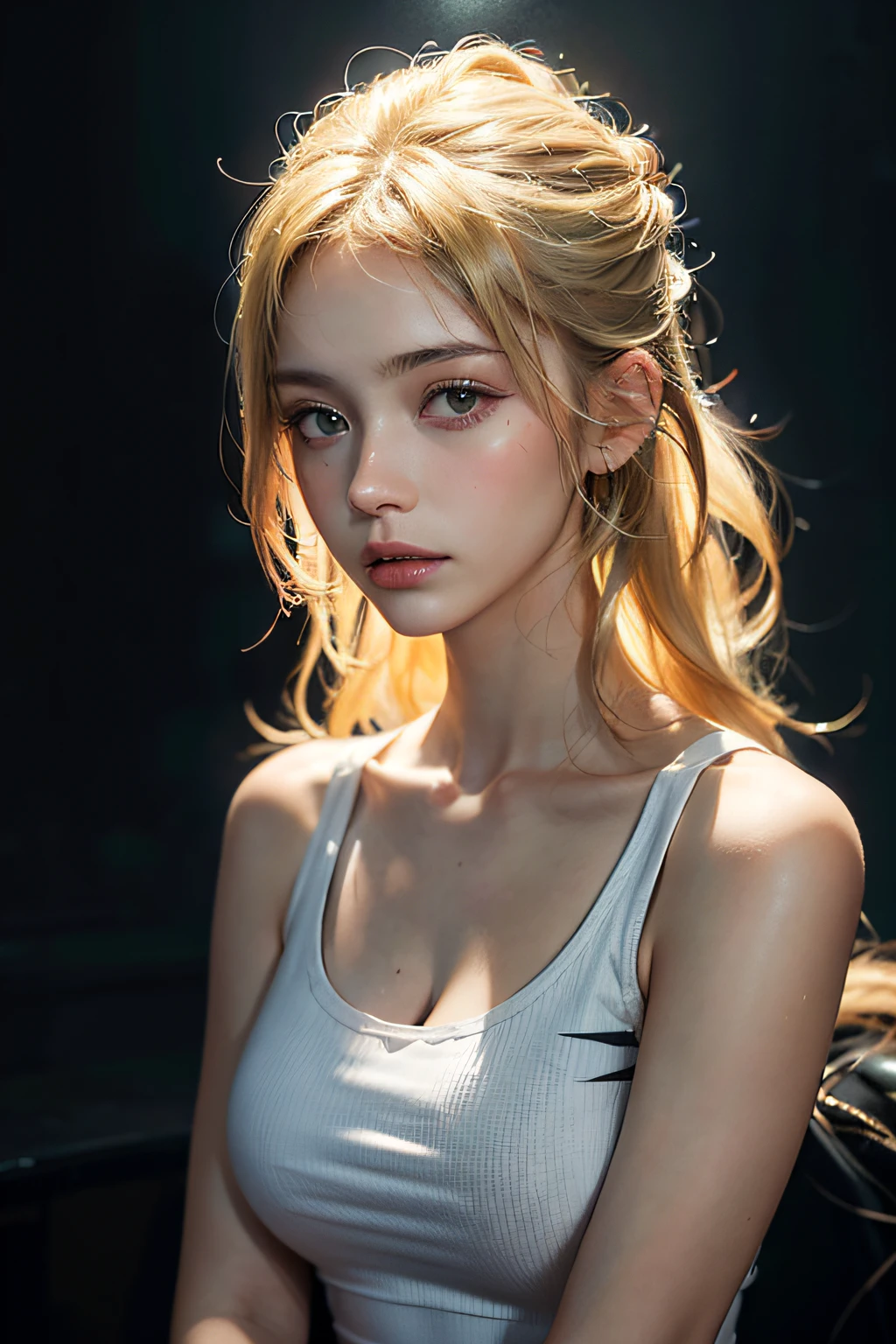 22-year-old woman, (high top fade: 1.3), long hair, dark theme, soothing tones, muted colors, high contrast, blonde (natural skin texture, hyperrealism, soft light, sharp), blonde, (white tank top), big, cleavage, skyscraper