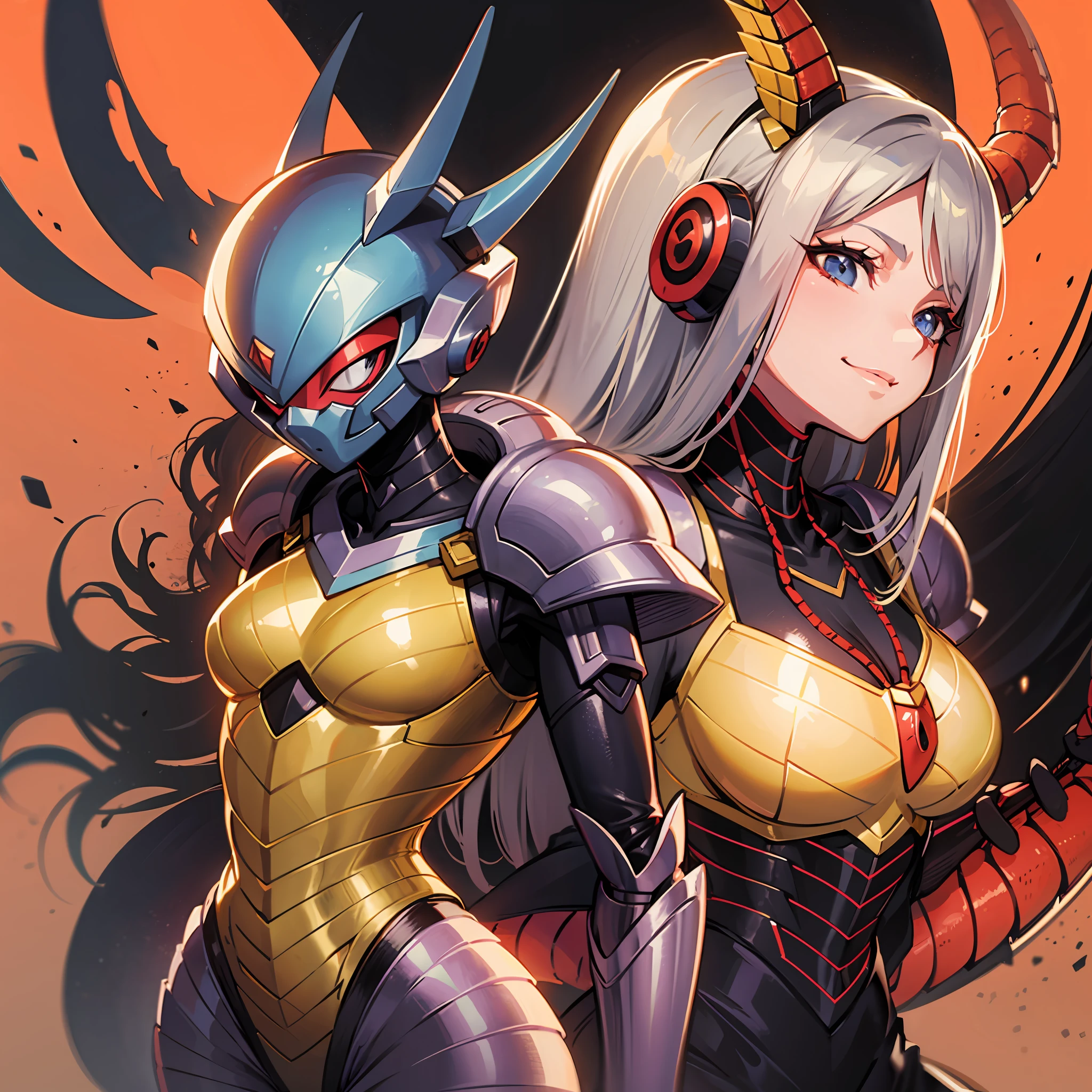Hot insect crustacean woman, Guyver style, evil smile, scaraber reploid, bellows tail, cel shade adult animation, alien queen,
