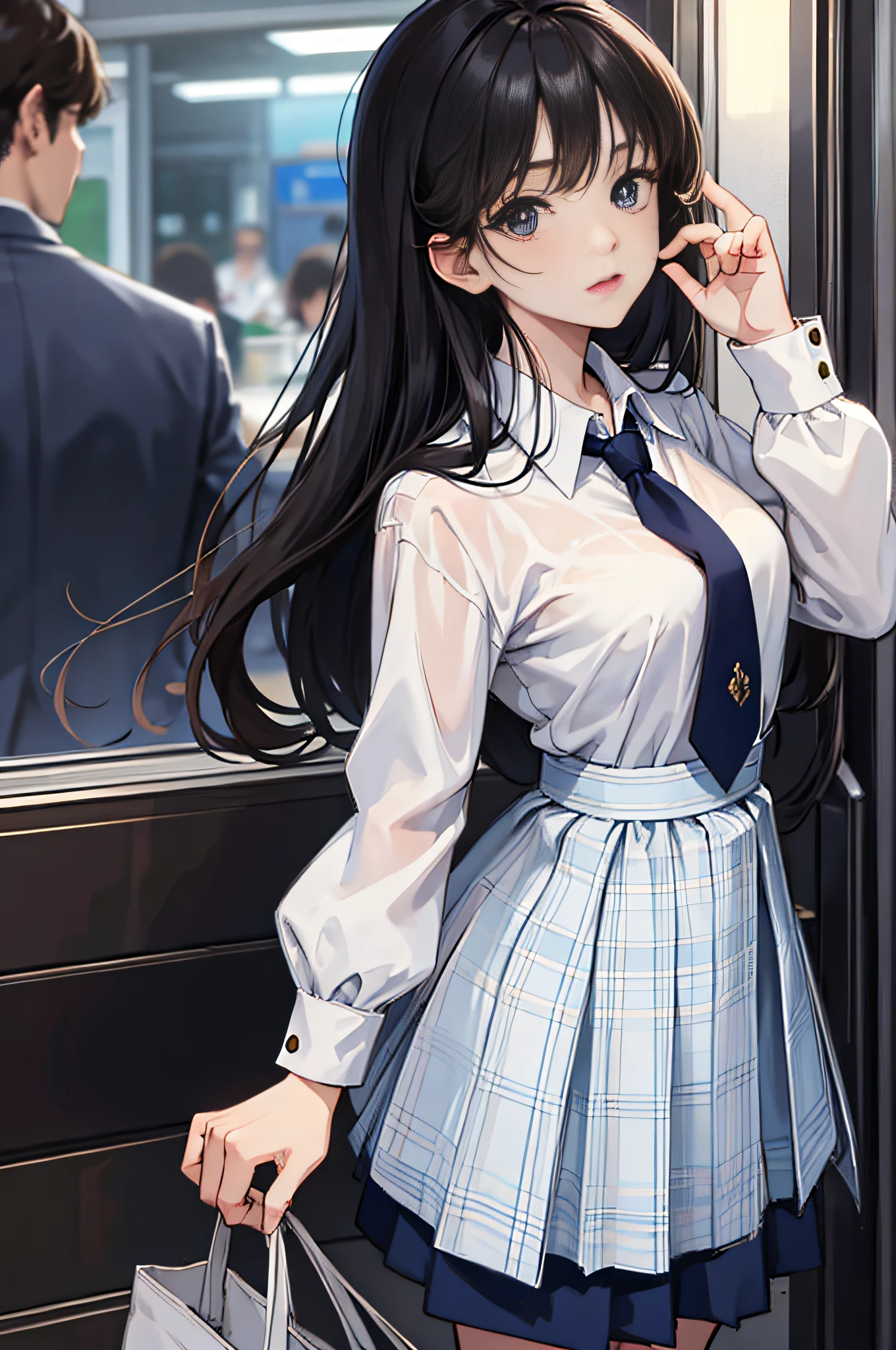 (masterpiece, side-lighting, ultra-detailed, finely detailed beautiful eyes: 1.2), 1girl, extremely cute and beautiful, school girl outfit, white collard shirt, navy knee-length long skirt, long hair, black hair, solo, train, train interior, upper body, Masterpiece, best quality, concept art by kyoto animation, ufotable style, anime screen cap,