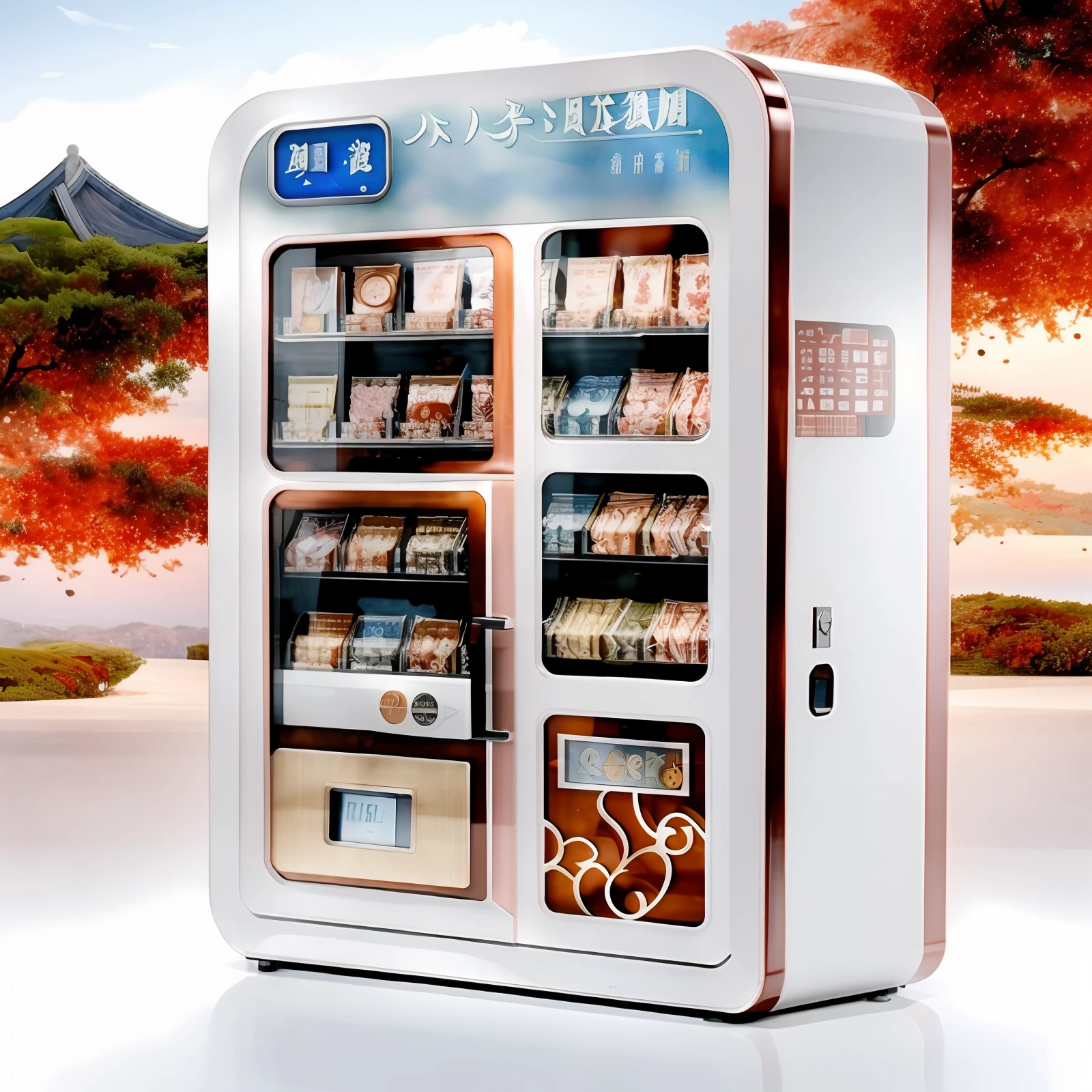 Classical style commemorative coin vending machine, the upper left corner is the display panel, the three grids on the right are product display cabinets, and the bottom left is a glass panel for picking up goods, and the fuselage has traditional Chinese cultural elements, such as Chinese knots, cloud patterns, dragon patterns and other styles