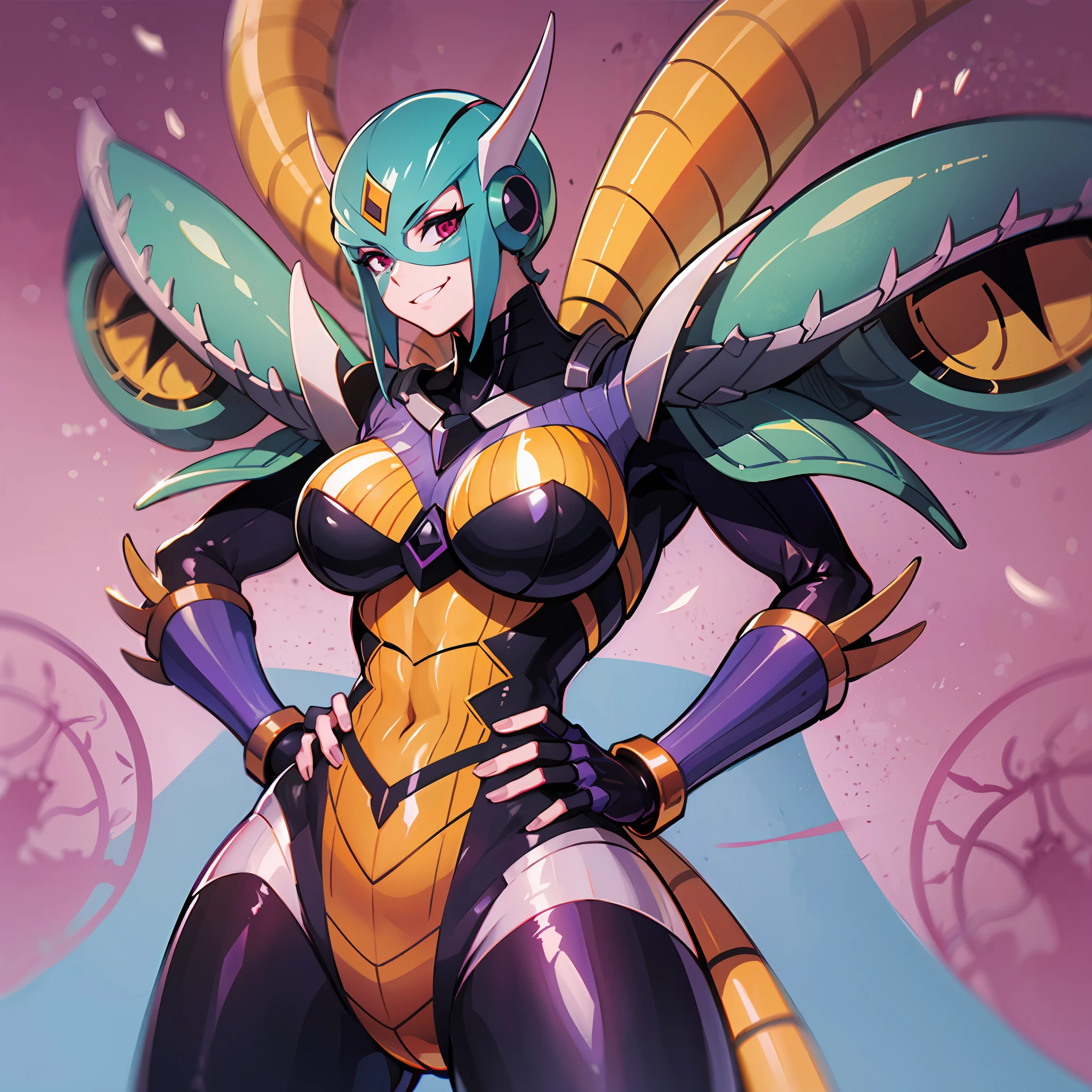 Hot insect crustacean woman, Guyver style, evil smile, scaraber reploid, bellows tail, cel shade adult animation, alien queen,