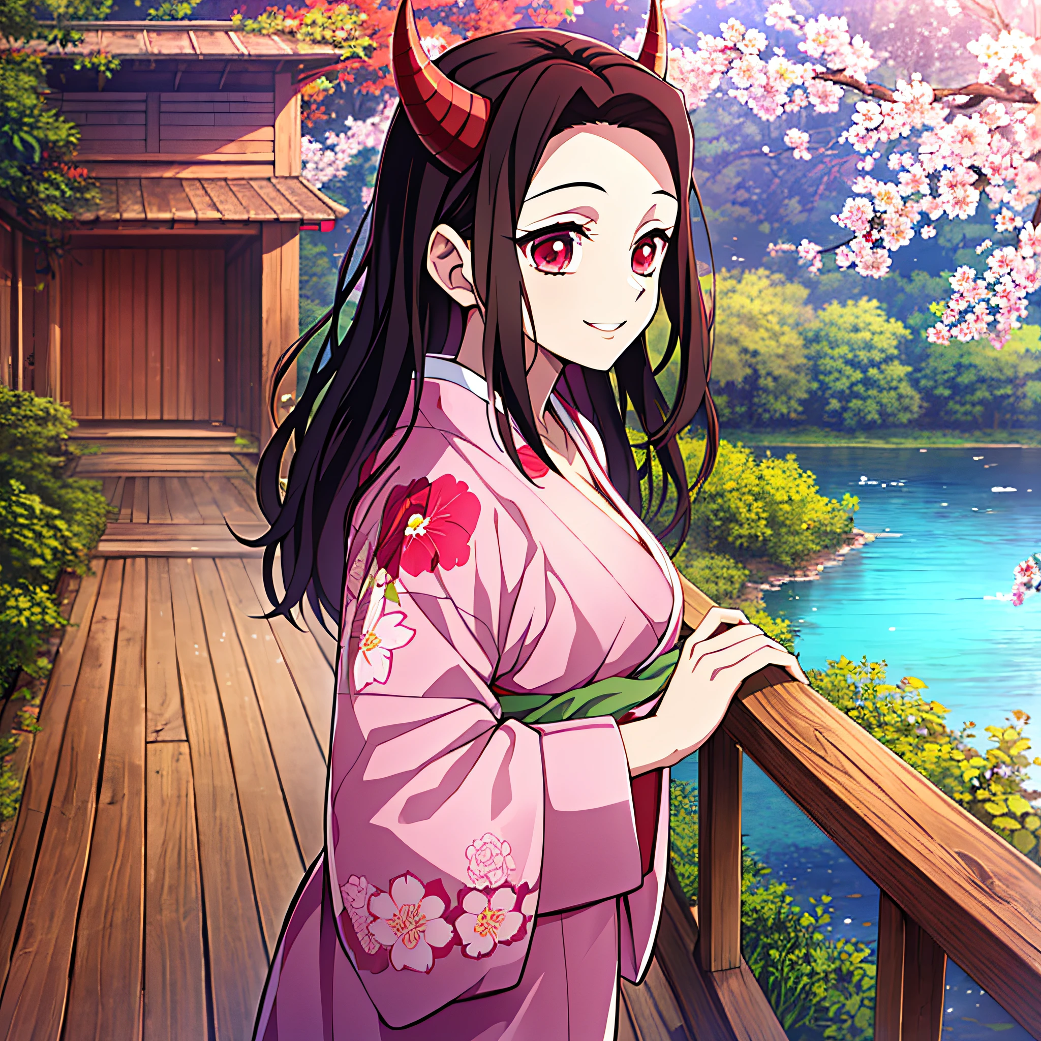 (masterpiece, best quality:1.2), kimetsu no yaiba style, kamado nezuko, (1 girl, solo), 20 years old, upper body, (pink kimono, open chest, floral tattoo on neck and chest), (red demon horns, red eyes), happy smile, look back, (standing on the wooden balcony:0.8), (natural lake background:1.2)