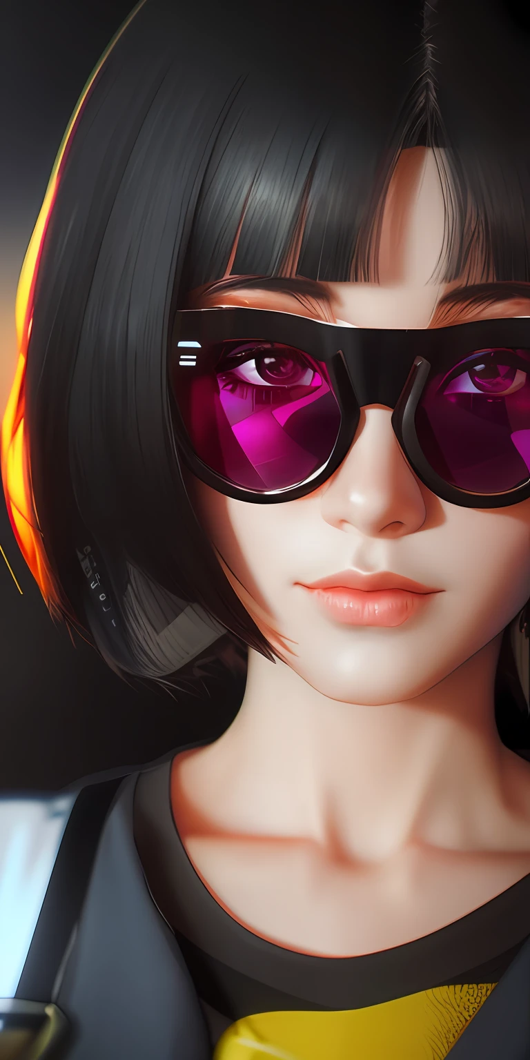 There is a woman with black hair and sunglasses, Guweiz-style art, realistic 3D anime style, 3D anime style, anime style. 8k, render girl photorealistic anime, 3d realistic anime, futuristic glasses lenses, mirror edge art style, mirror's edge style, render of a cute 3d anime girl