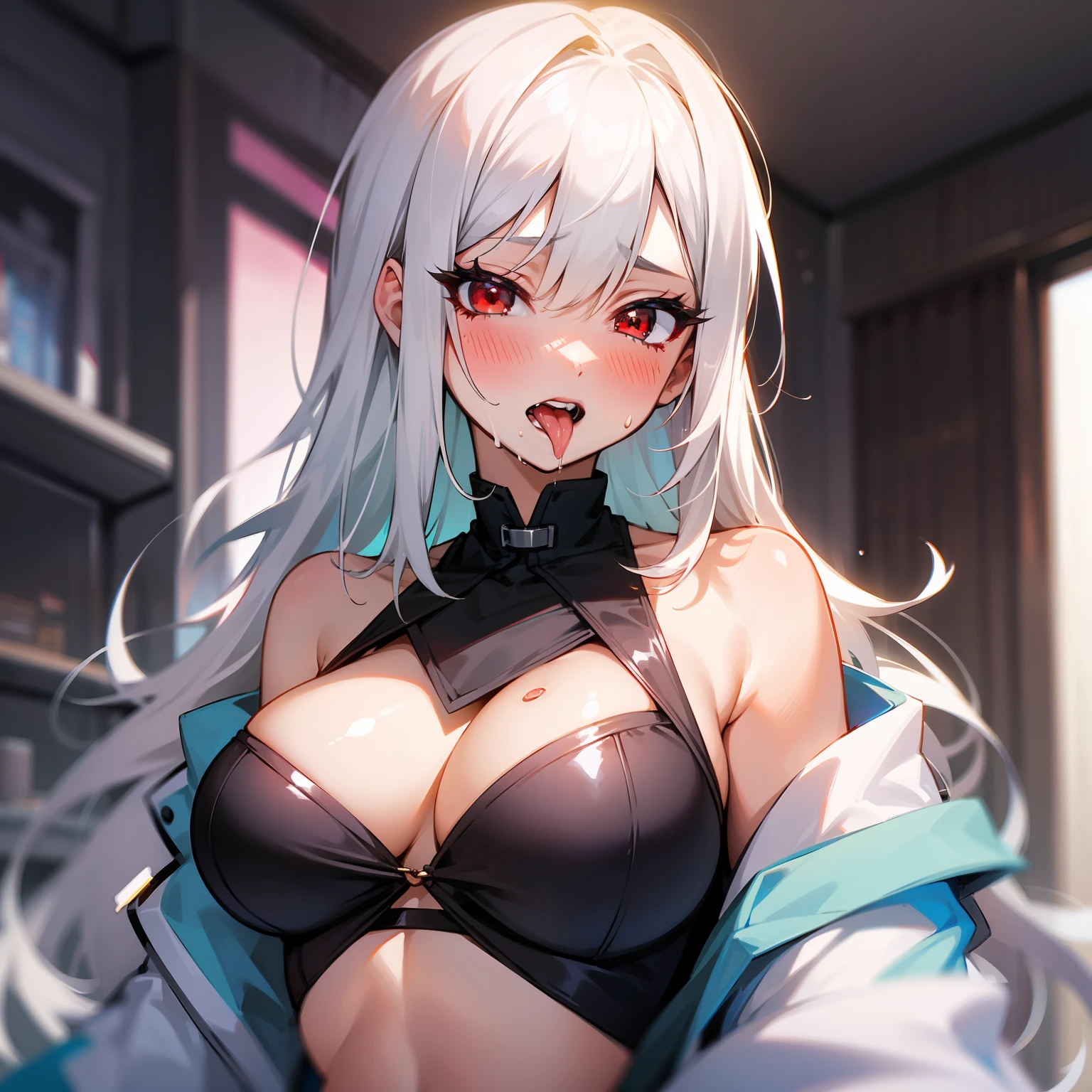 White-haired girl, red eyes, sick, sexy, full breasts, blushing, tongue sticking out, saliva