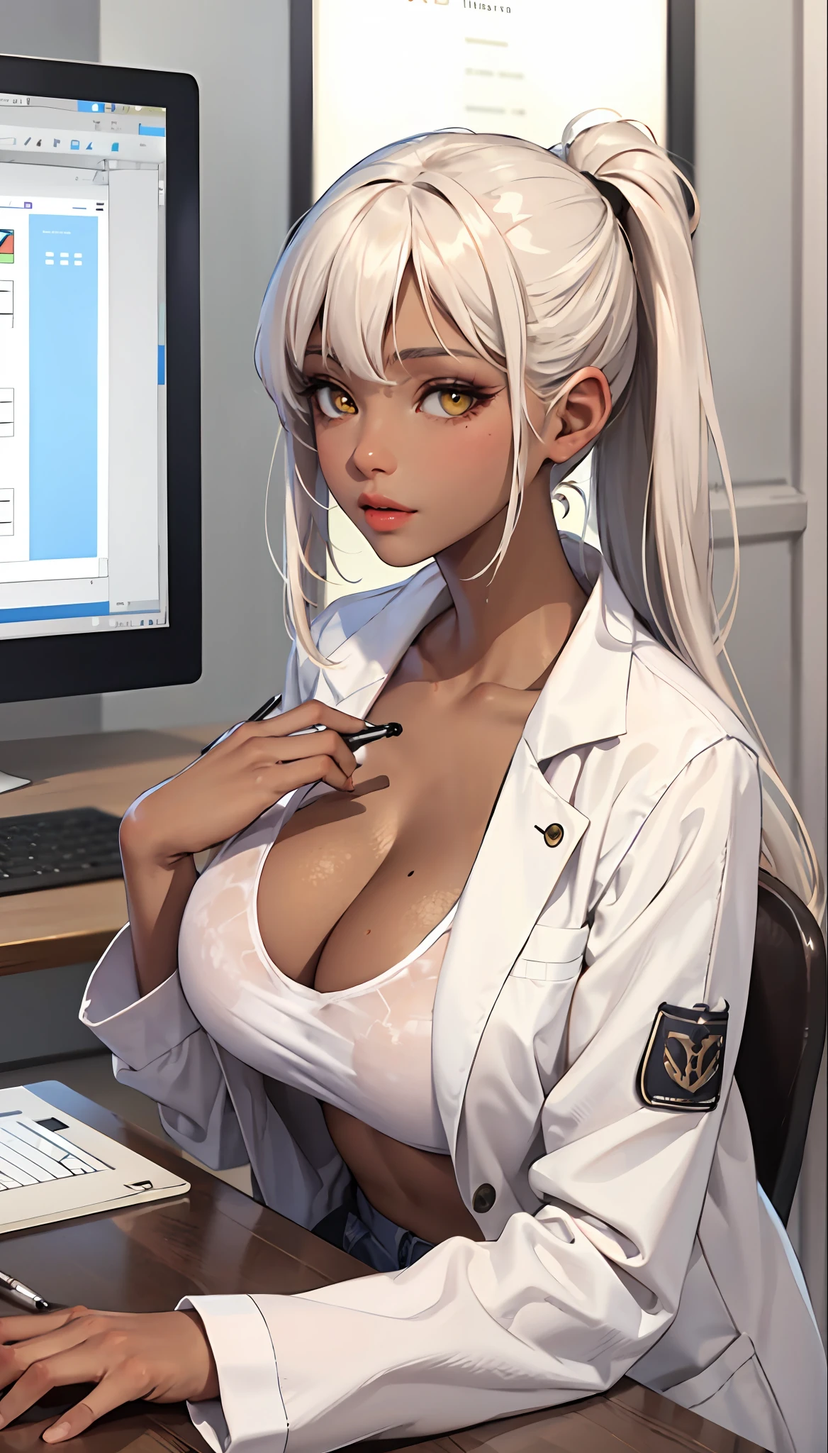 (Masterpiece, : 1.2, best quality), (1 woman, solo, upper body: 1.2) brown skin Clothing: white coat, Accessories: hairpin, signature pen pinned to chest Hair: Long white hair Makeup: natural, glowing skin, brown skin Behavior: relaxed, staring at the computer screen Location: Chemistry lab, desk, long white hair, very huge breasts, brown-yellow eyes, brown skin
