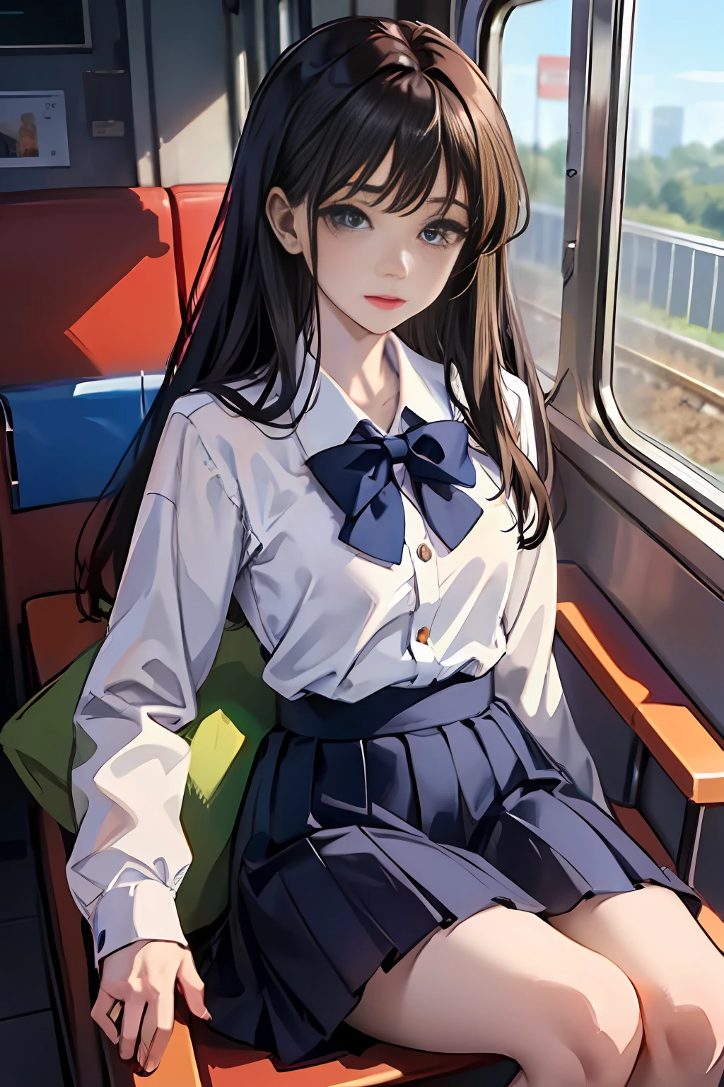 (masterpiece, side-lighting, ultra-detailed, finely detailed beautiful eyes: 1.2), 1girl, extremely cute and beautiful, school girl outfit, white collard shirt, navy knee-length long skirt, long hair, black hair, solo, train, train interior, upper body, Masterpiece, best quality, concept art by kyoto animation, ufotable style, anime screen cap,