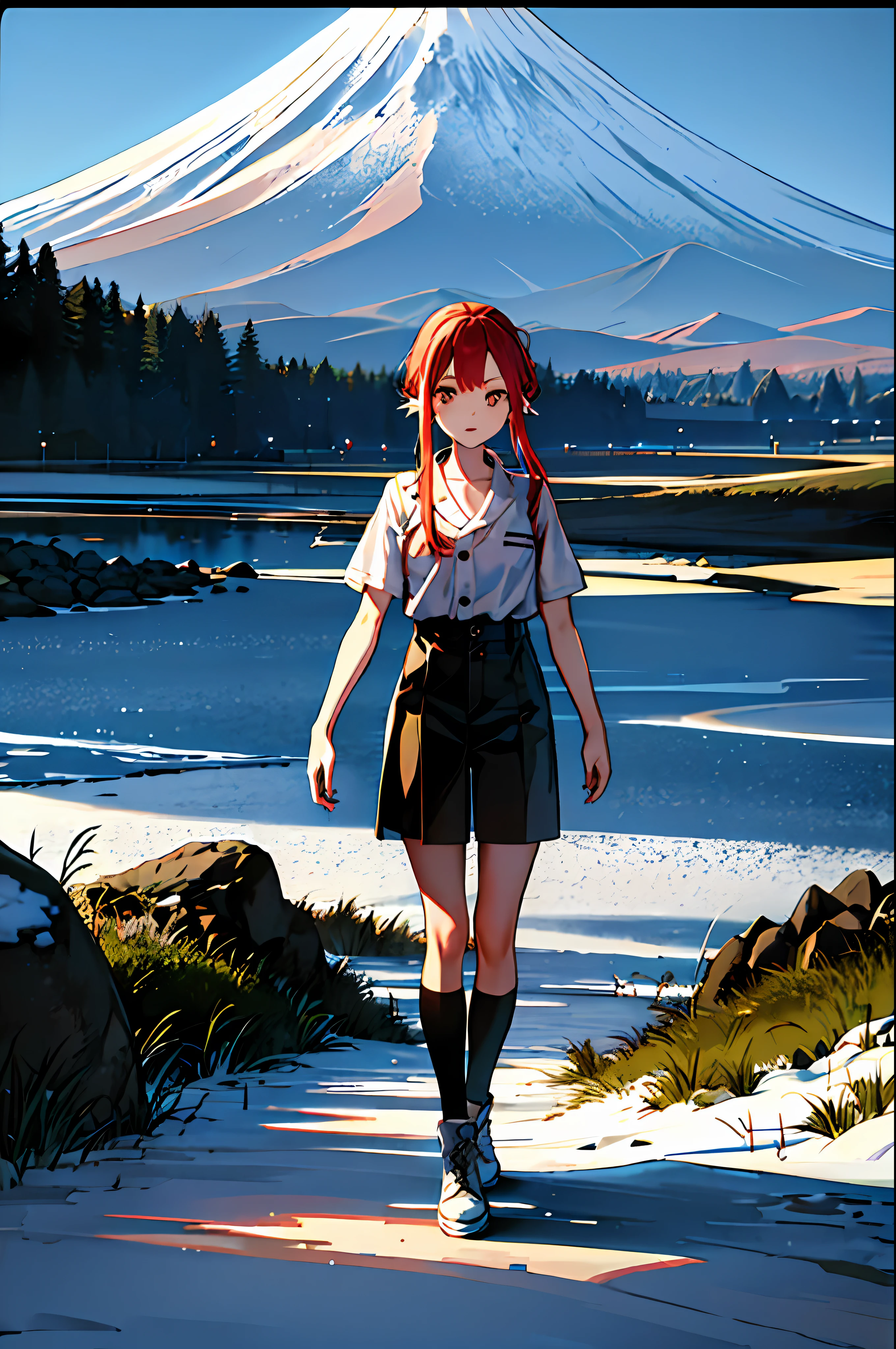 Full-body, red-haired girl with a snowy view of Mt. Fuji behind her, holding a katana
