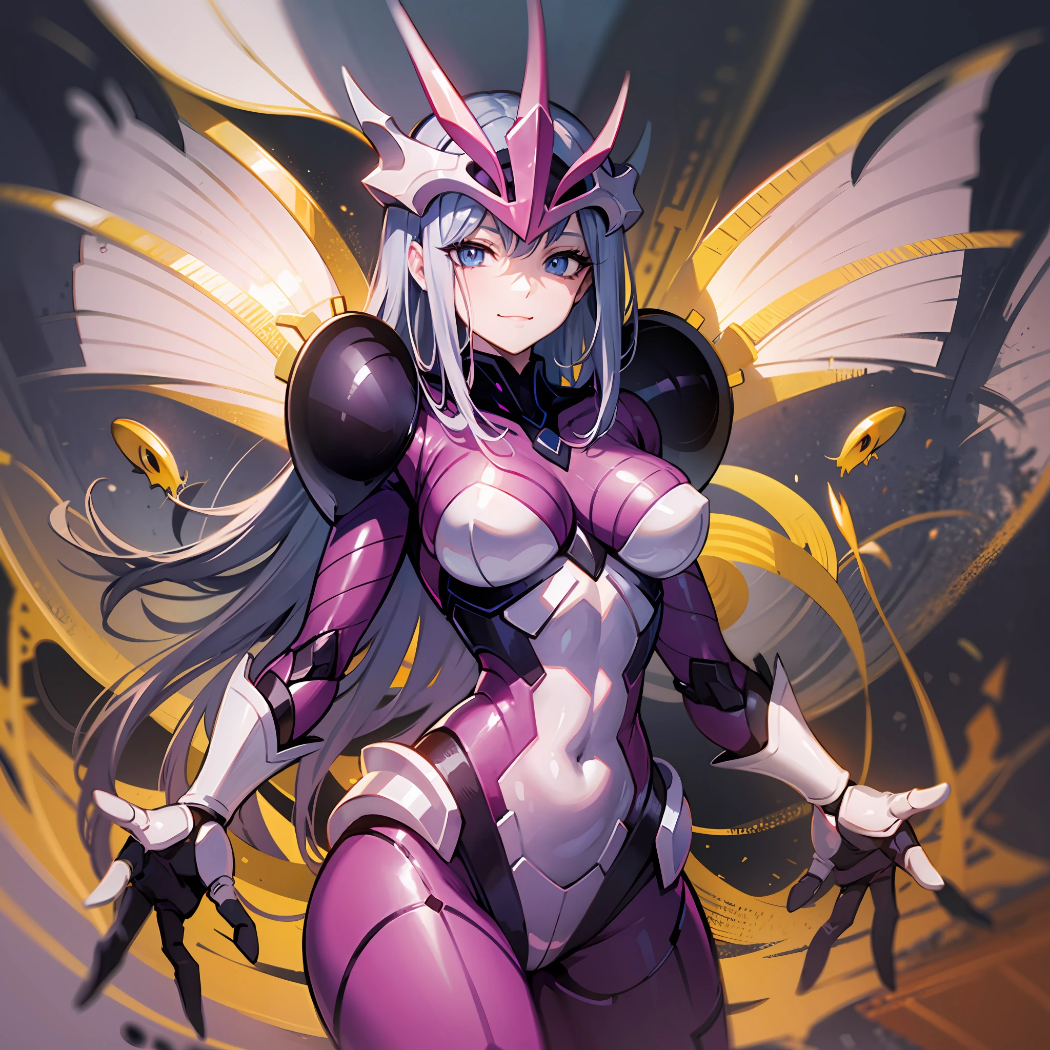 Hot insect crustacean woman, Guyver style, evil smile, scaraber reploid, bellows tail, cel shade adult animation, alien queen,
